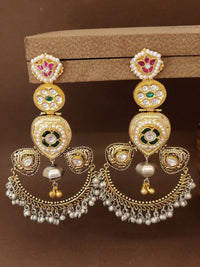 Thumbnail for Abdesignsjewellery dual tone Chandbali earrings with intricate pearls and green red stone detailing