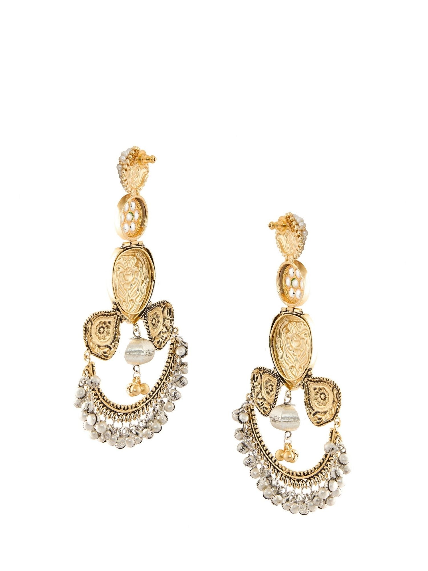 Abdesignsjewellery dual tone Chandbali earrings with intricate gold and silver detailing and pearl accents