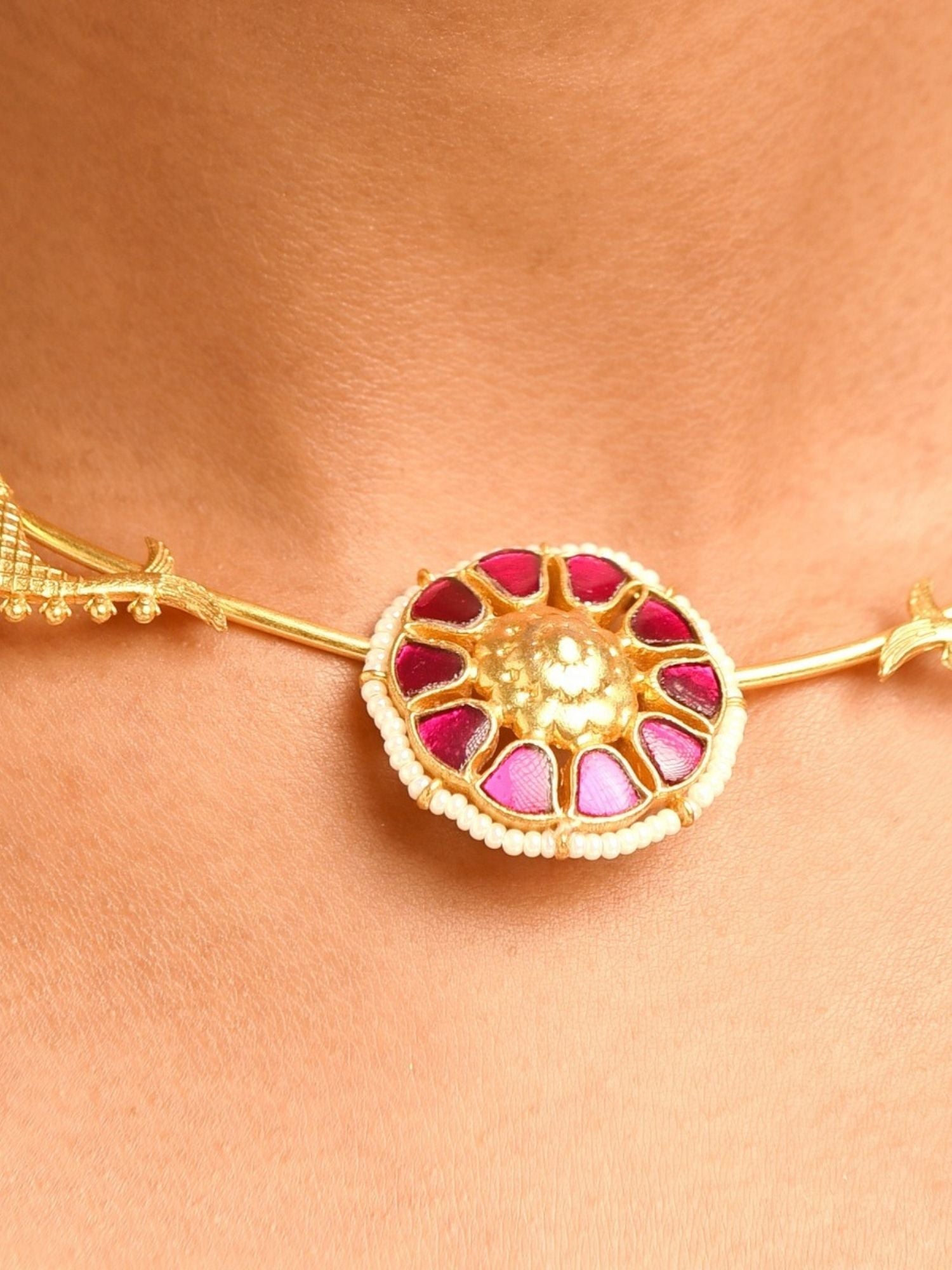 Abdesignsjewellery elegant artificial ruby necklace gold choker with round ruby petal pendant and pearl border
