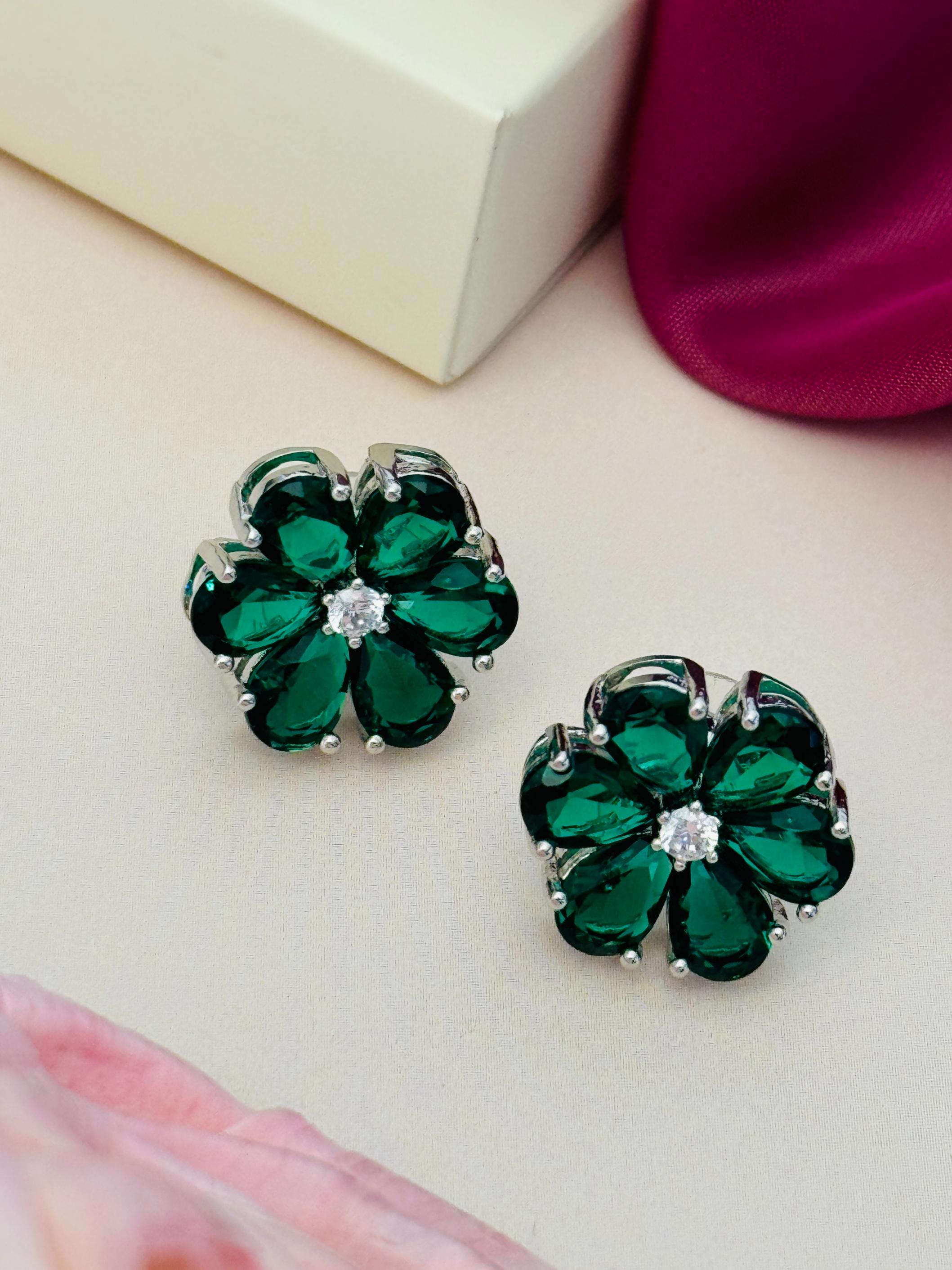 Elegant Green Stone Earrings By Abdesigns Jewellery. Silver floral stud earrings with emerald petals and center crystal