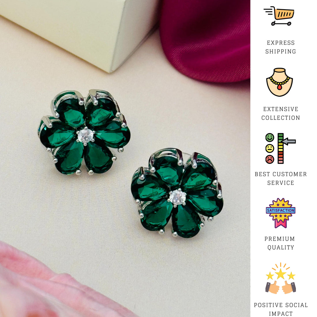 Elegant Green Stone Earrings By Abdesigns Jewellery. Close up on model wearing green floral stone stud earrings