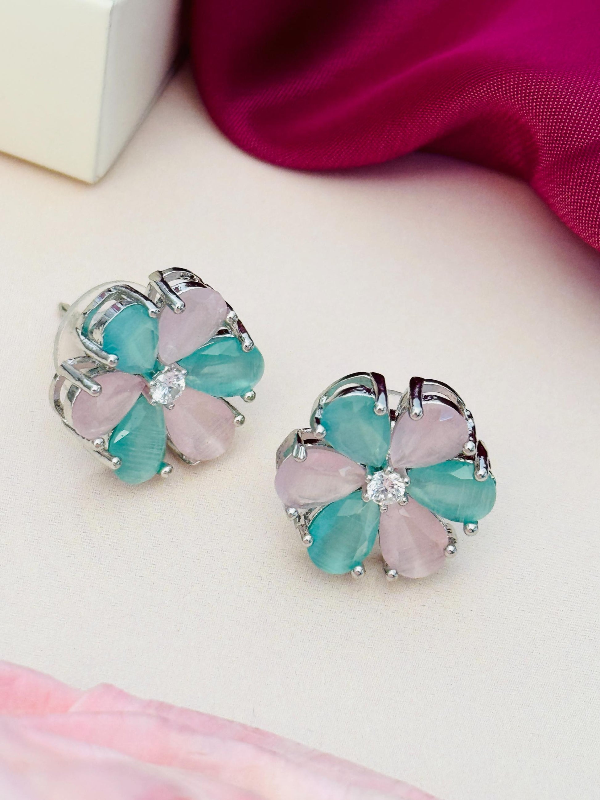 Elegant Green Stone Earrings By Abdesigns Jewellery. Floral silver studs with aqua green and pale pink teardrops