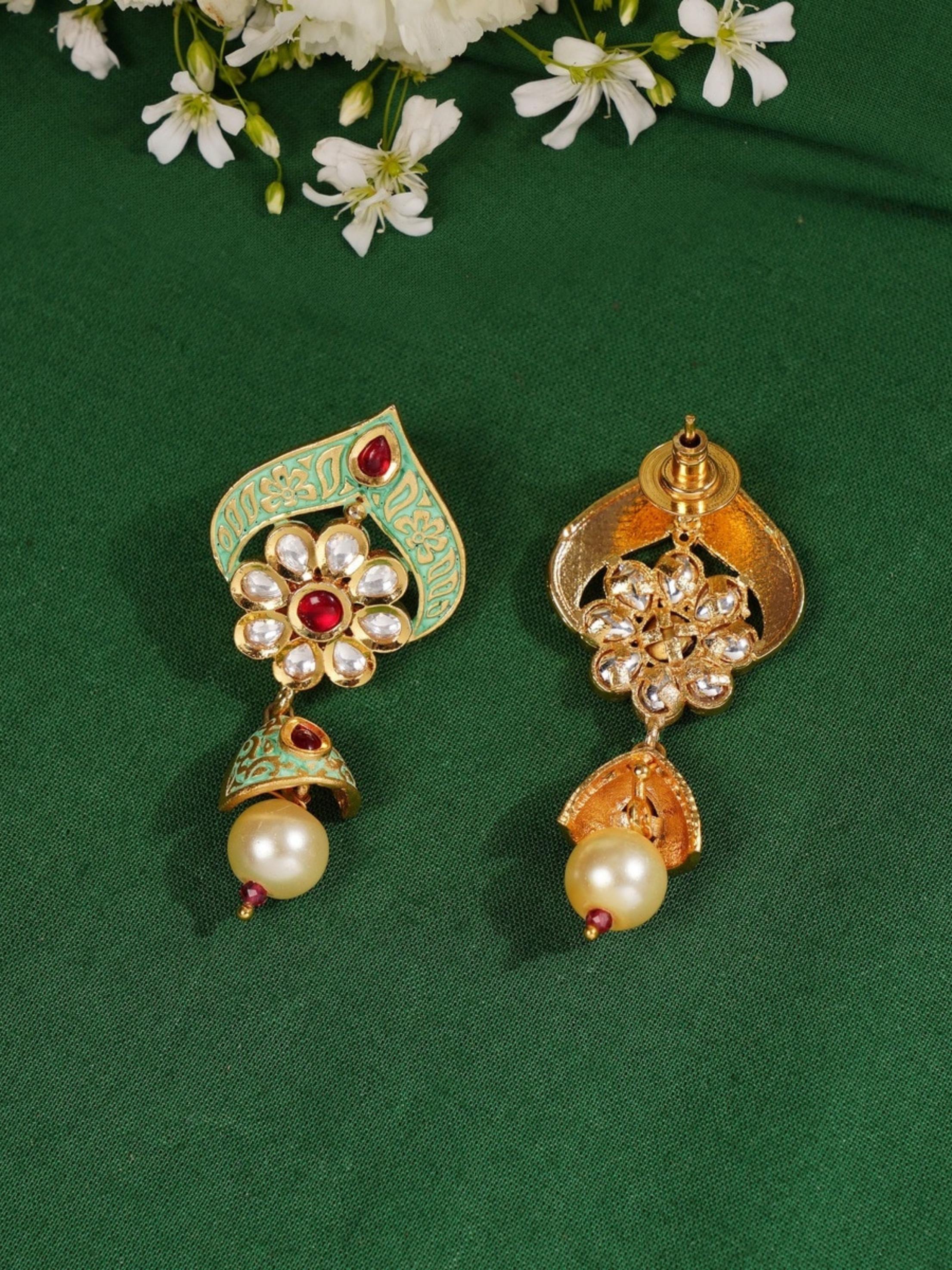Elegant High Quality Kundan Necklace Set featuring intricate floral design with pearls and red stones by Abdesignsjewellery