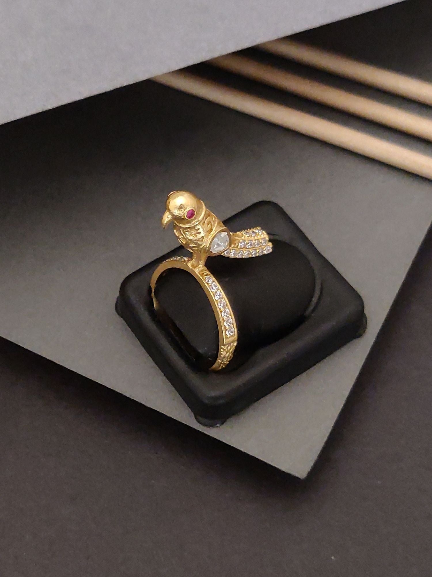 Elegent Gold Plated Sparow Ring by Abdesignsjewellery with detailed bird design and embedded stones