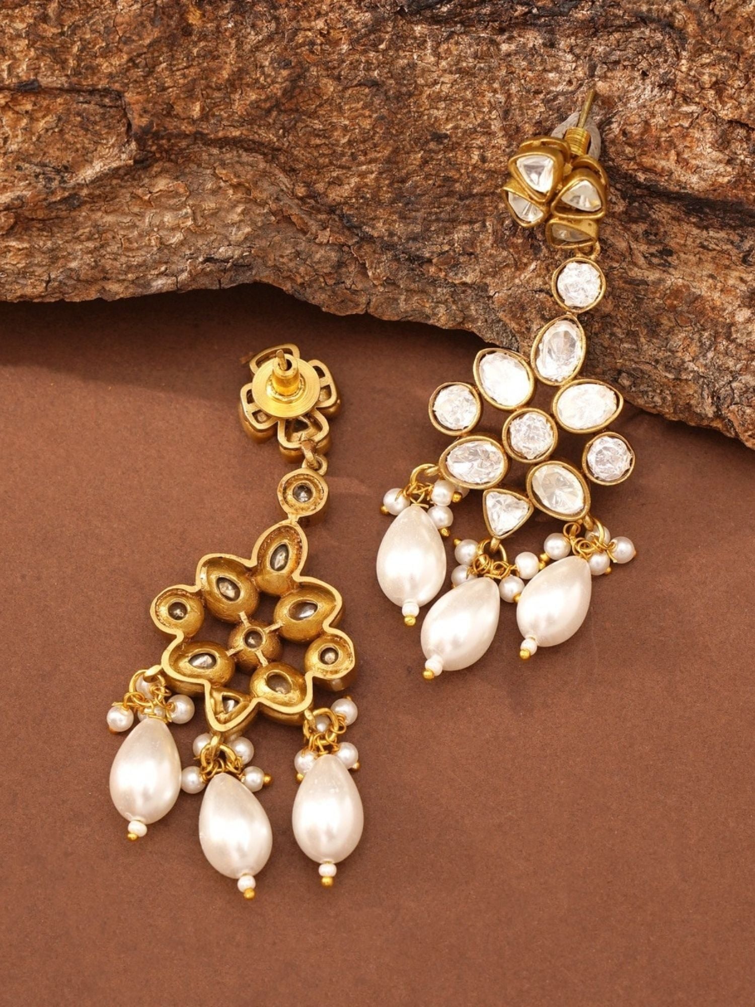 Abdesignsjewellery gold polki earrings with pearl drops featuring elephant design polki necklace motif