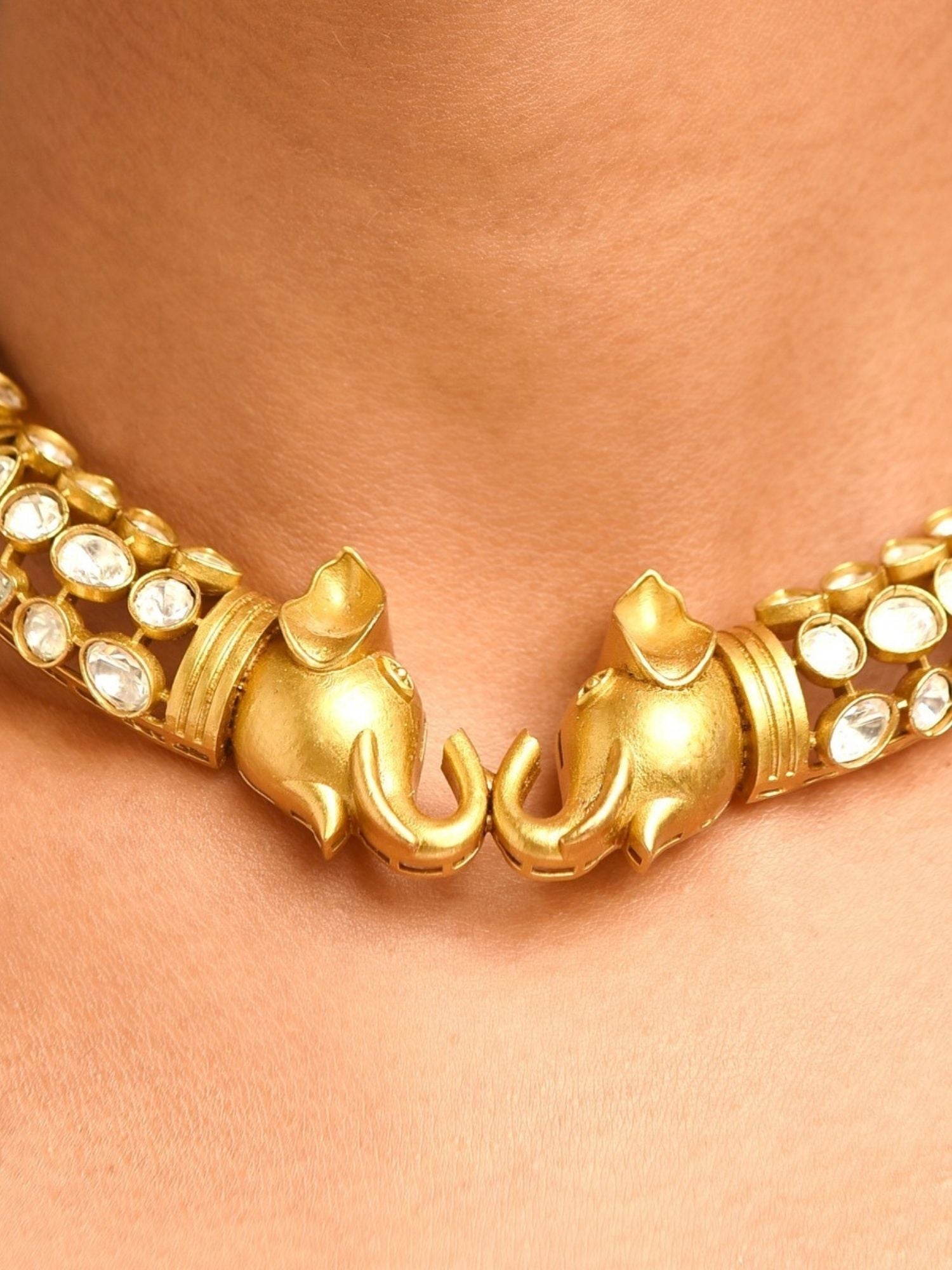 Abdesignsjewellery elephant design polki necklace gold choker with twin elephant head motifs and polki stones