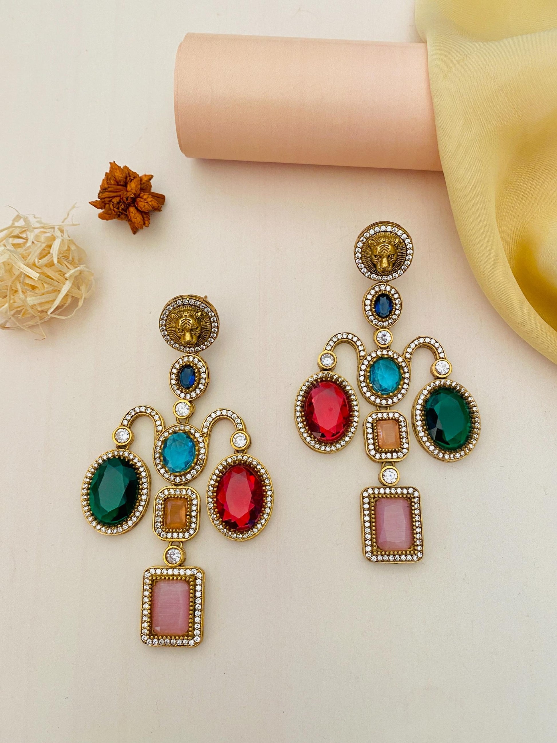Abdesignsjewellery Colorful Statement Earrings with Multi-Colored Gemstones and Pearl Accents