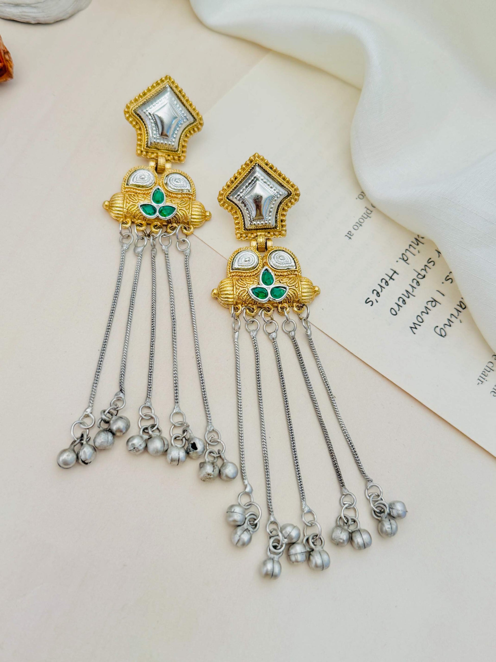 Exotic Long Gold Plated Earring by Abdesigns Jewellery featuring intricate design with green stones and dangling silver beads