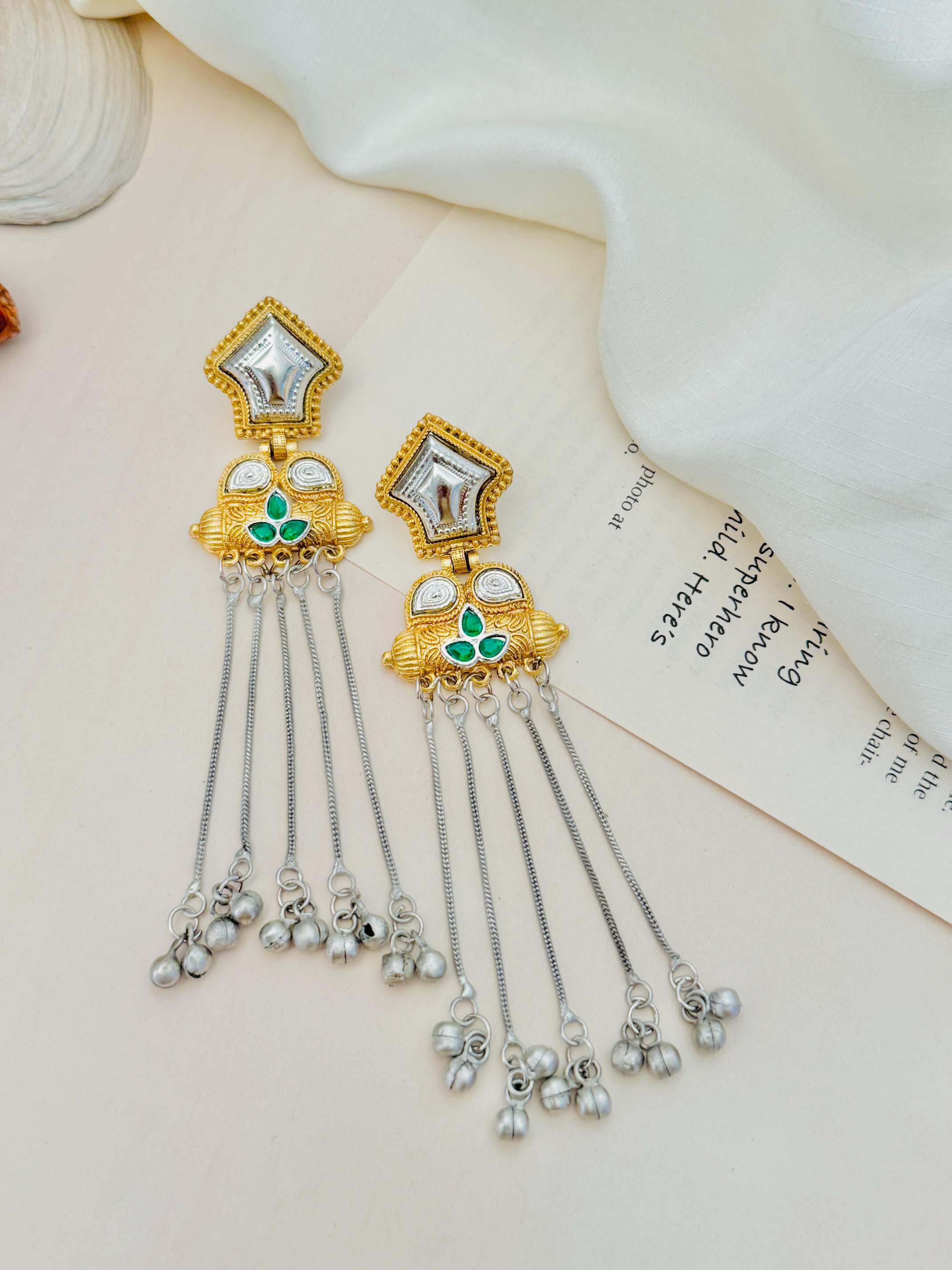 Exotic Long Gold Plated Earring by Abdesigns Jewellery with green and silver details and dangling silver chains