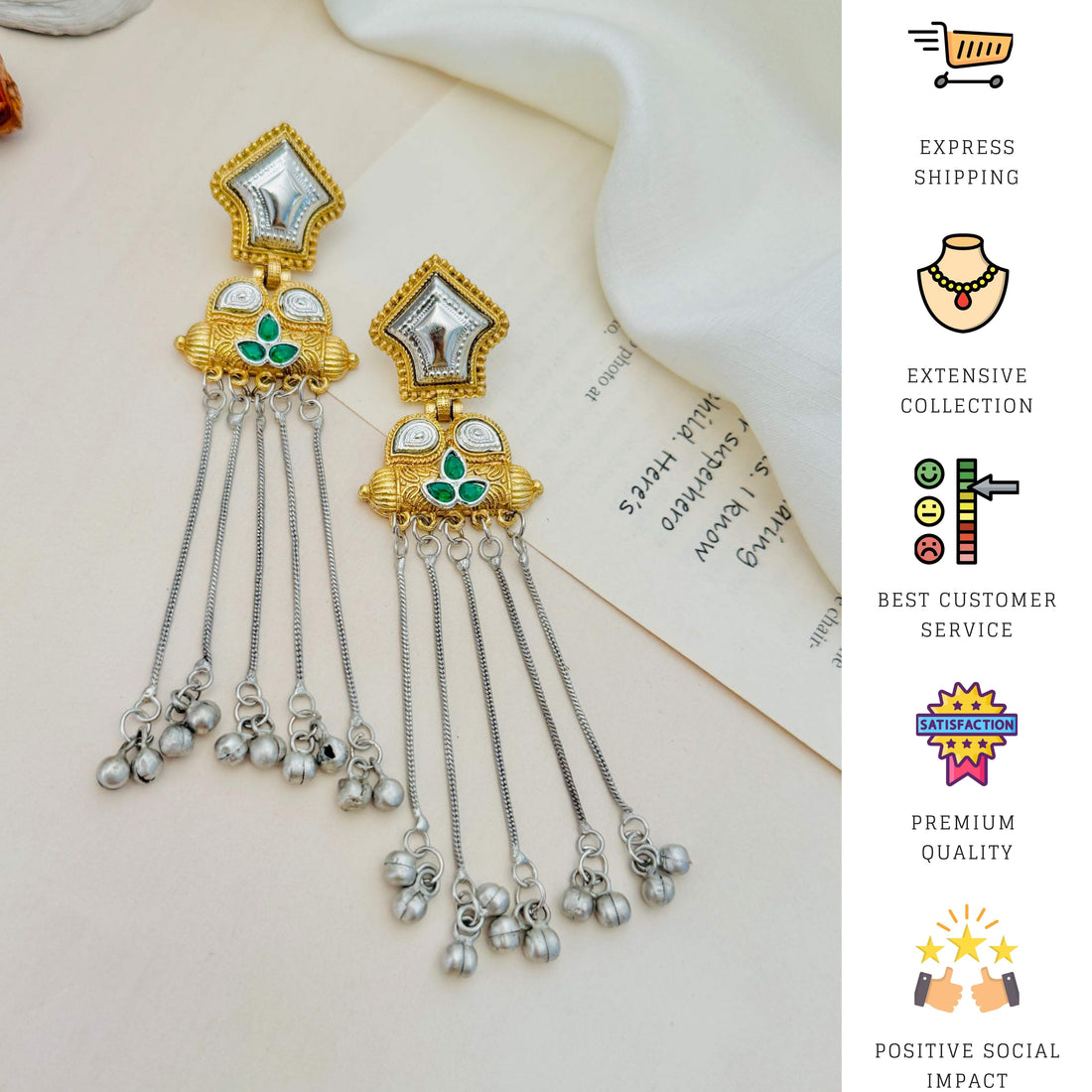 Exotic Long Gold Plated Earring by Abdesigns Jewellery worn on a woman with intricate design and hanging chains