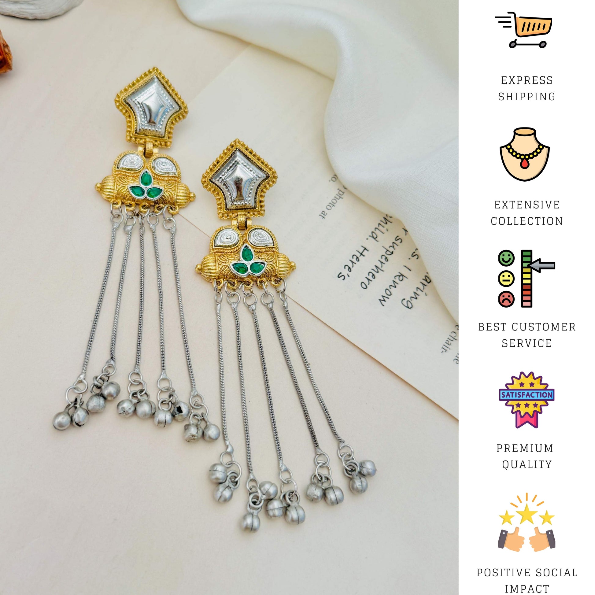 Exotic Long Gold Plated Earring by Abdesigns Jewellery with green and white accents and dangling silver chains