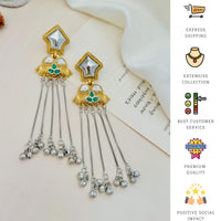 Thumbnail for Exotic Long Gold Plated Earring by Abdesigns Jewellery with green and white accents and dangling silver chains