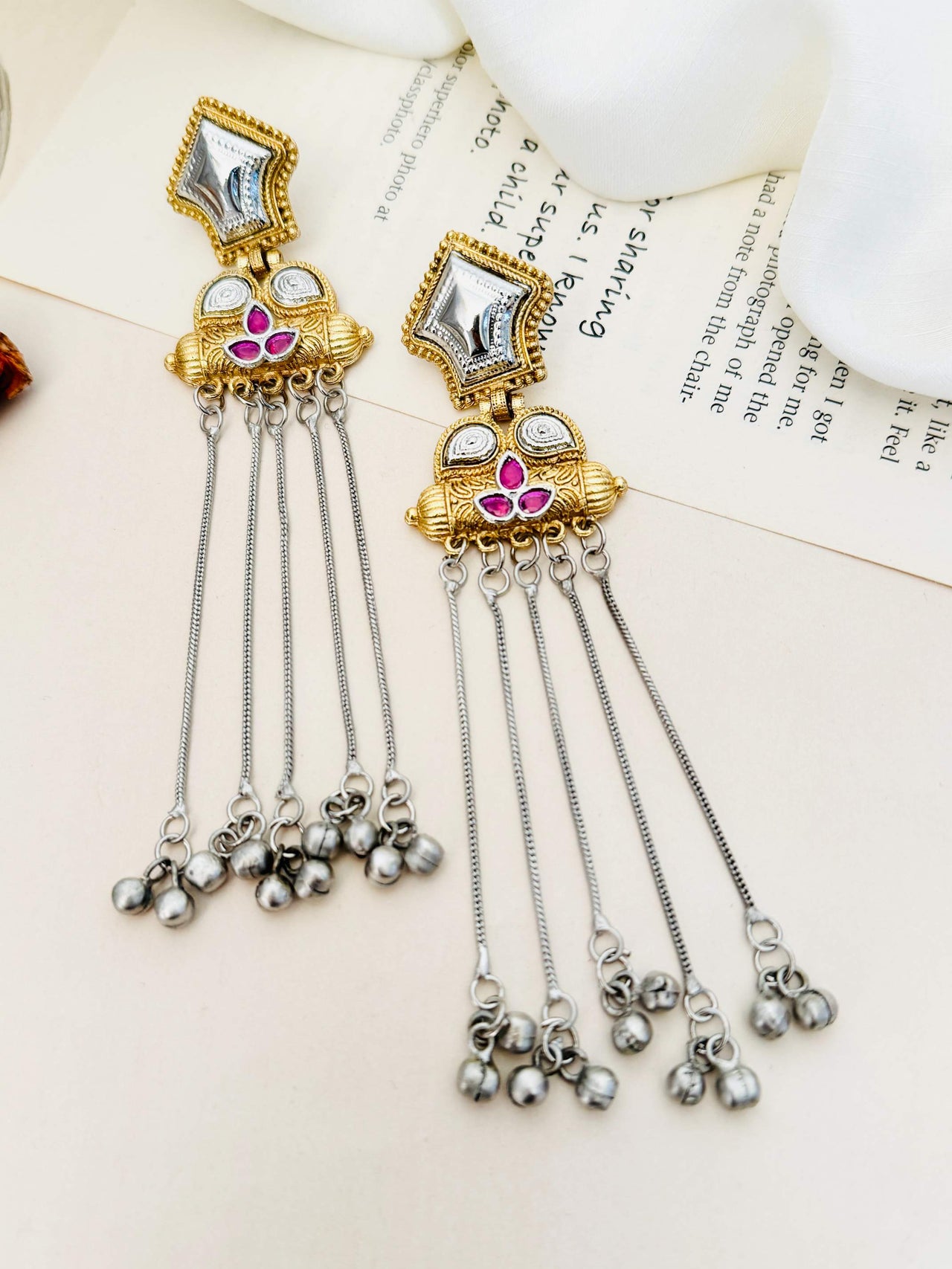 Exotic Long Gold Plated Earring by Abdesigns Jewellery with intricate design and dangling silver chains