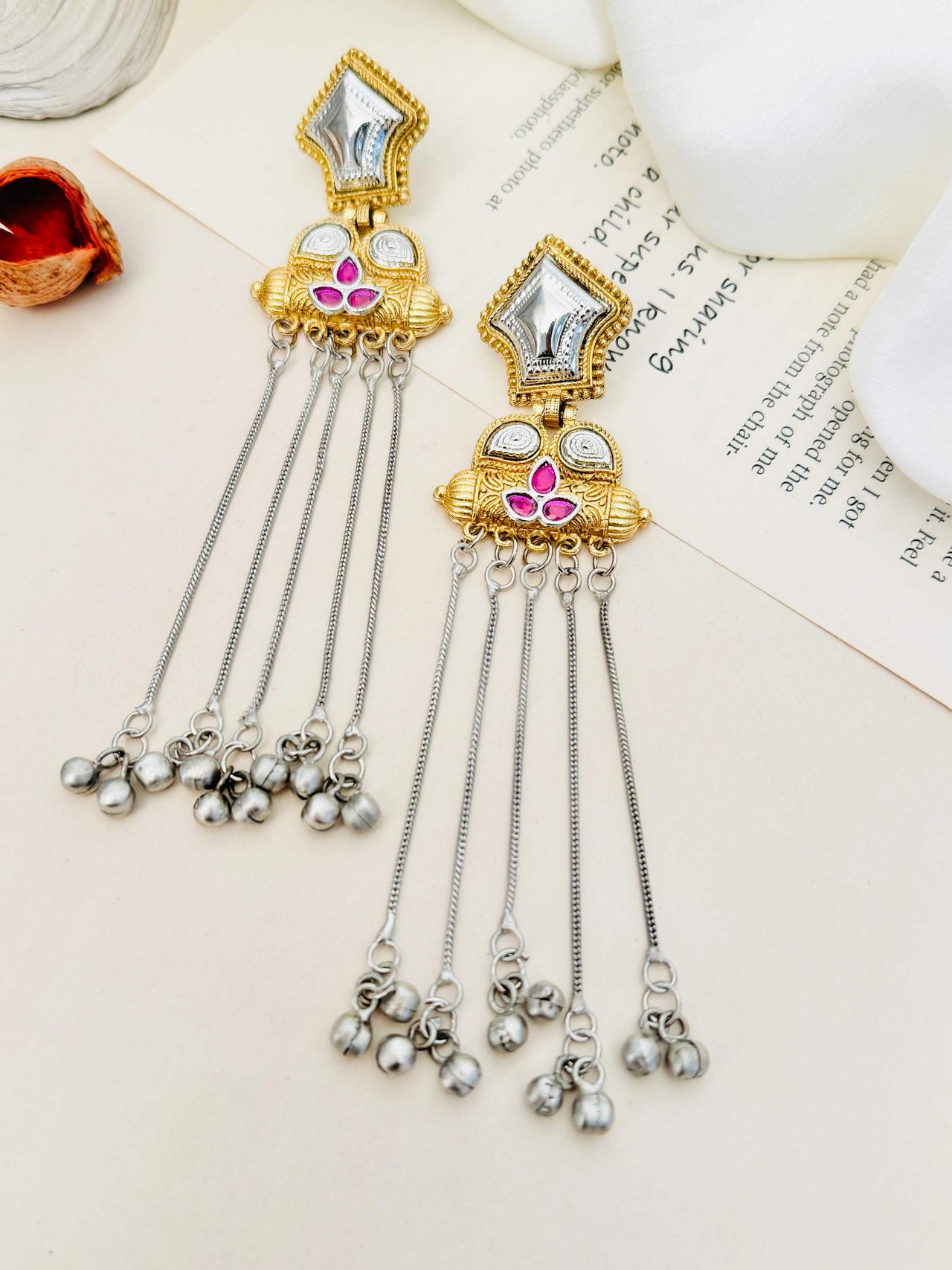 Exotic Long Gold Plated Earring by Abdesigns Jewellery featuring intricate design with dangling silver beads