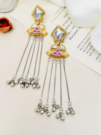 Thumbnail for Exotic Long Gold Plated Earring by Abdesigns Jewellery featuring intricate design with dangling silver beads