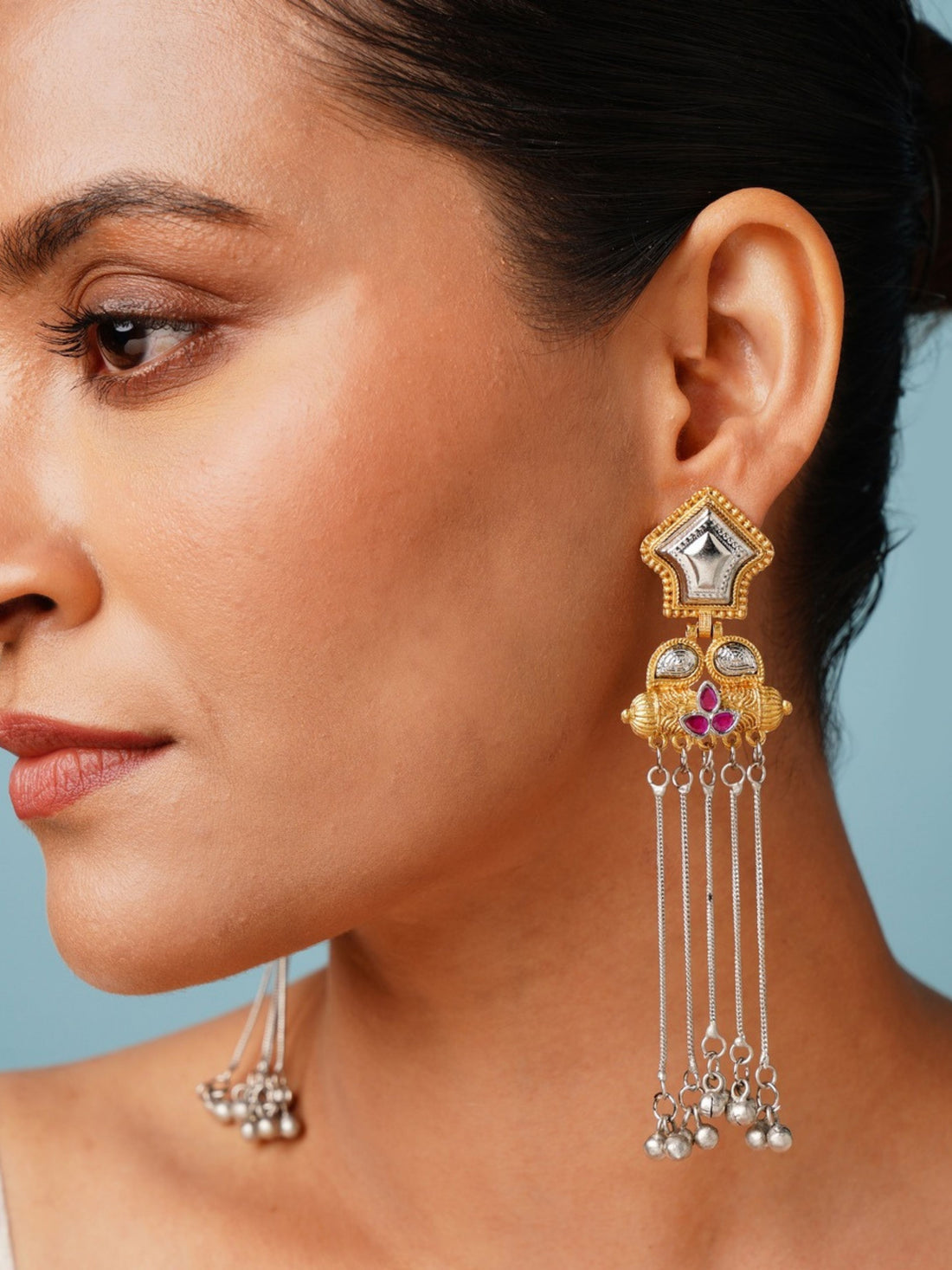 Exotic Long Gold Plated Earring by Abdesigns Jewellery worn on a woman with intricate design and hanging chains