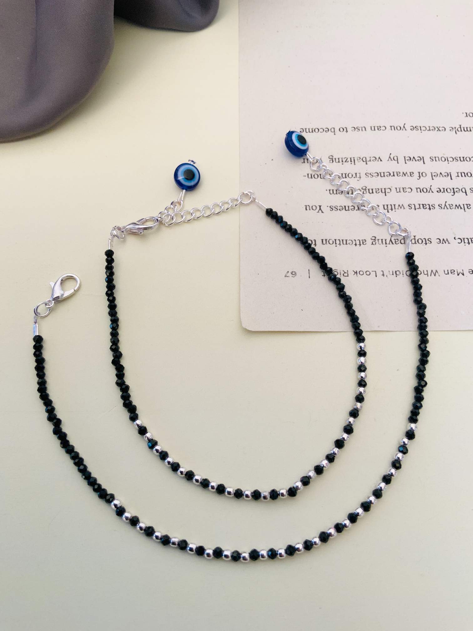 Eye Catching Silver Plated Evil Eye Anklet combo with black bead chains and adjustable clasps