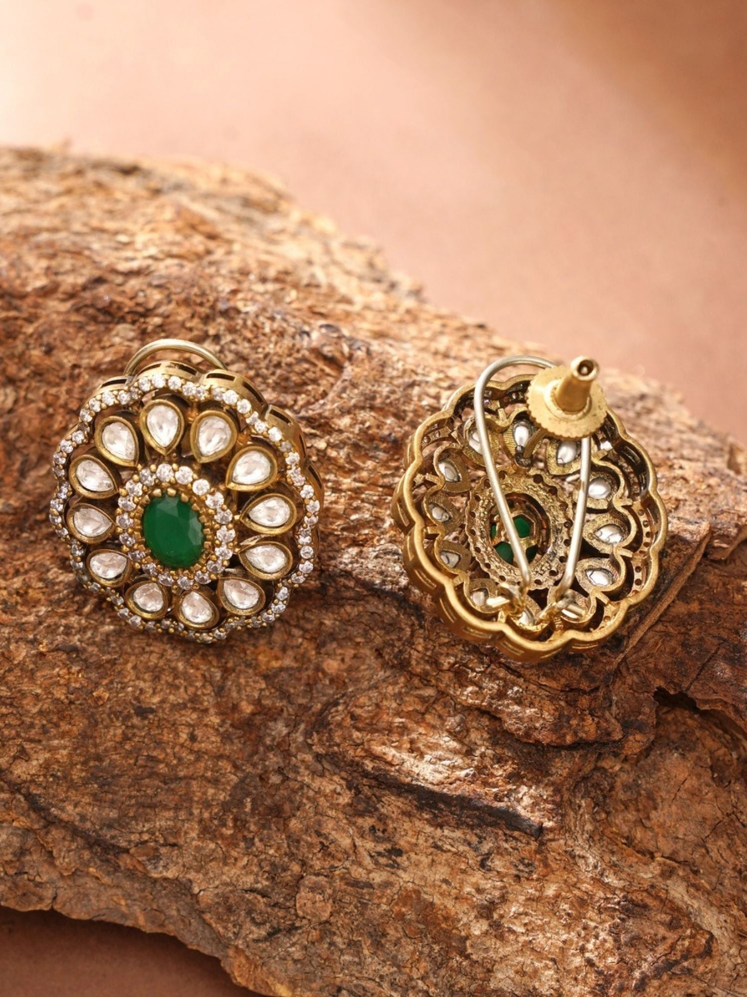Abdesignsjewellery ornate gold floral earrings with green center and kundan crystal accents fashion jewelry with green gem