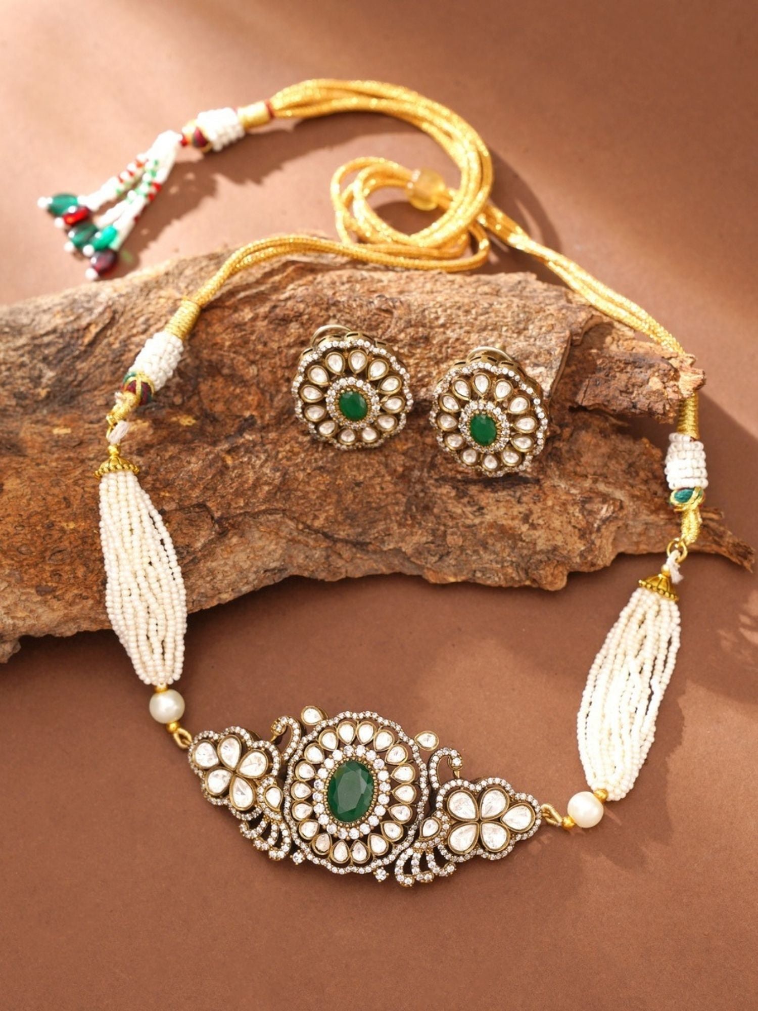 Abdesignsjewellery necklace with matching earrings fashion jewelry with green gem pearl beaded gold tone kundan design