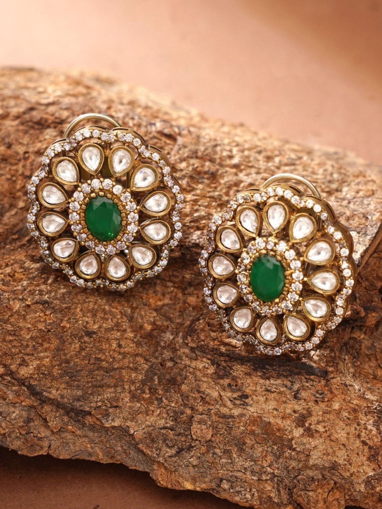 Abdesignsjewellery gold floral earrings with central green gem fashion jewelry with green gem ornate traditional design