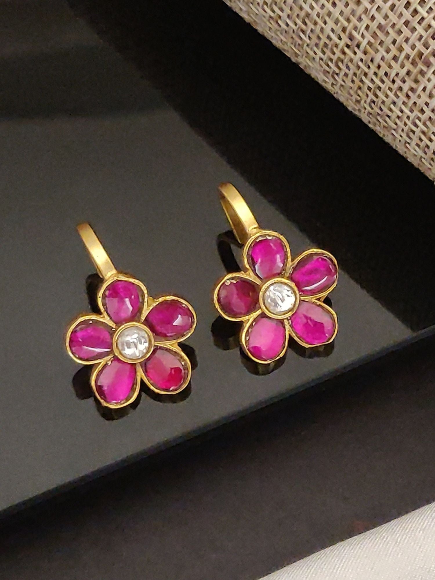 Festive artificial bugdi earring gold floral studs with pink petal stones and central clear crystal pair