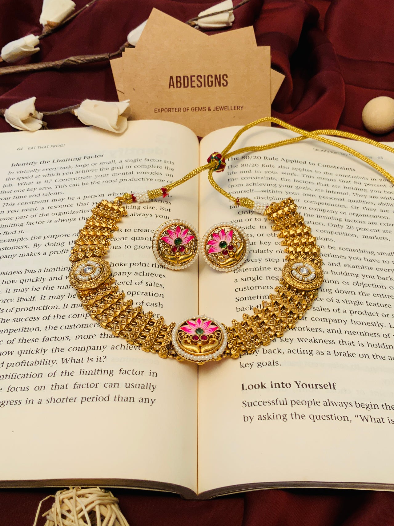 Floral Antique Gold Plated Necklace Set by Abdesignsjewellery with intricate floral designs and matching earrings