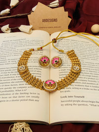 Thumbnail for Floral Antique Gold Plated Necklace Set by Abdesignsjewellery with intricate floral designs and matching earrings