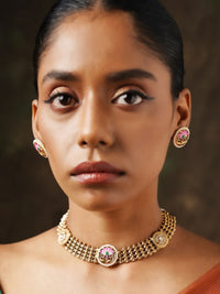Thumbnail for Floral Antique Gold Plated Necklace Set by Abdesignsjewellery worn by woman with matching earrings
