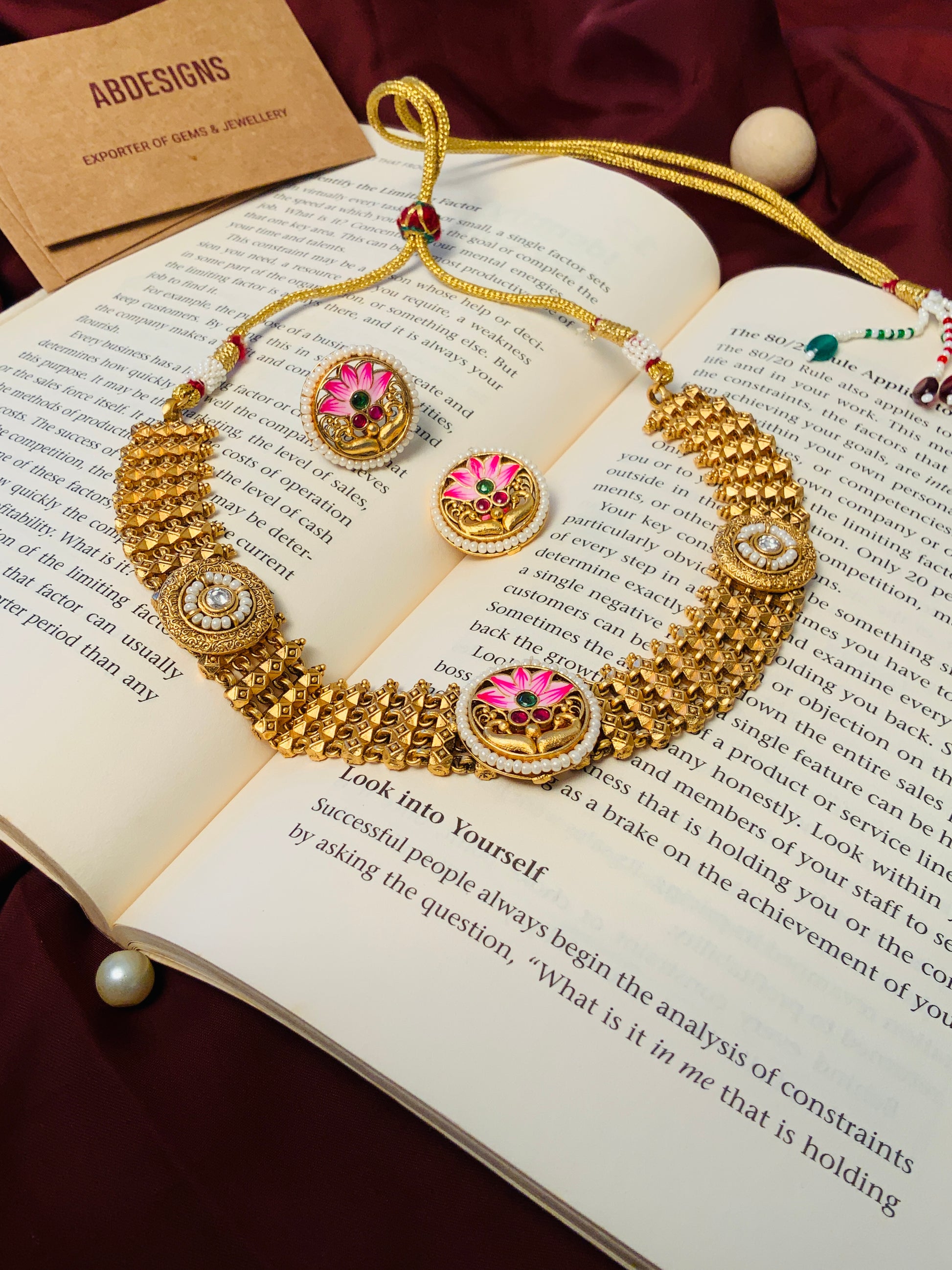 Floral Antique Gold Plated Necklace Set featuring intricate gold design with pink floral accents by Abdesignsjewellery