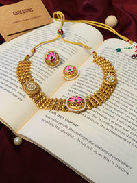 Thumbnail for Floral Antique Gold Plated Necklace Set featuring intricate gold design with pink floral accents by Abdesignsjewellery