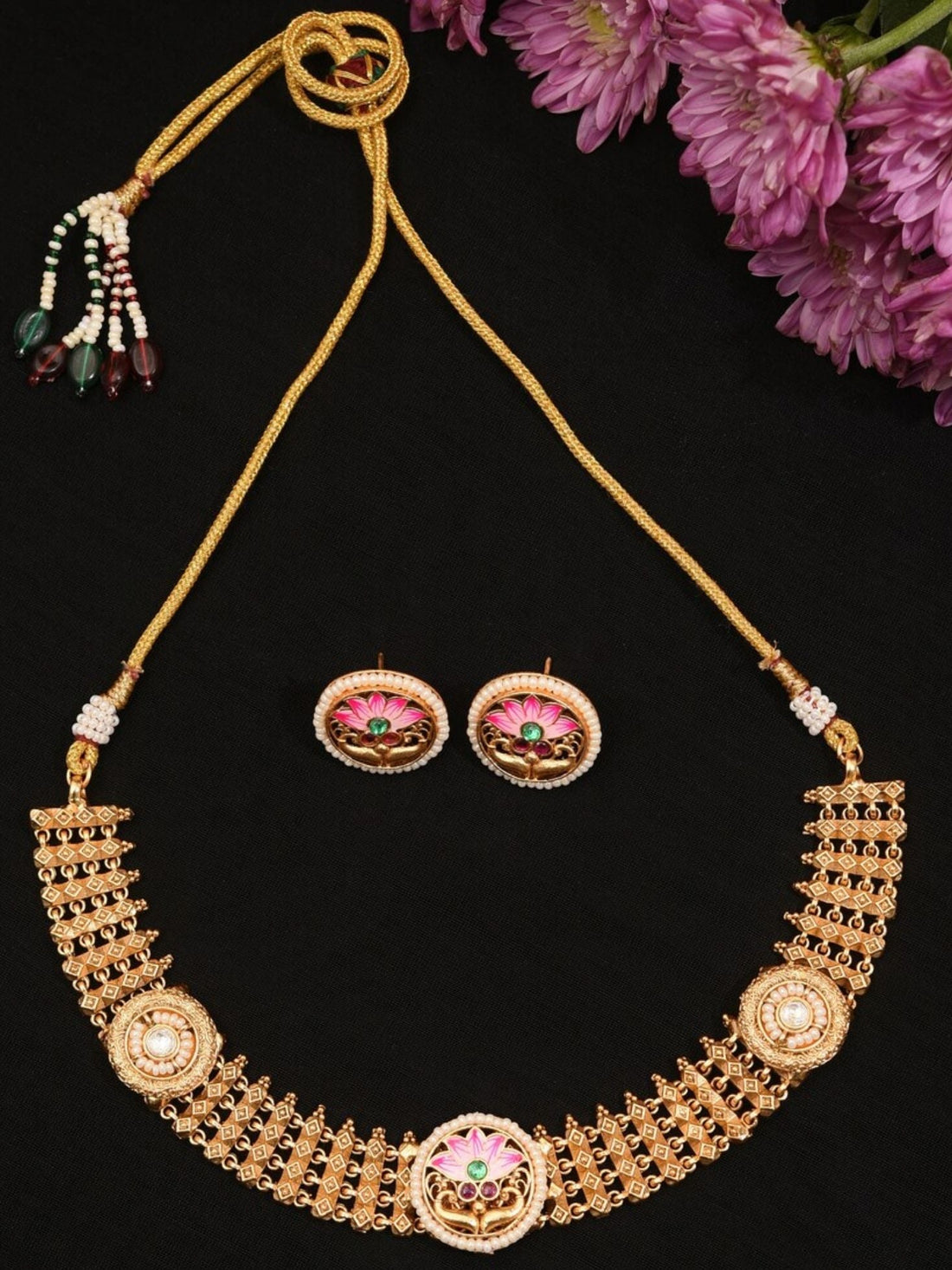 Floral Antique Gold Plated Necklace Set by Abdesignsjewellery worn by woman with matching earrings
