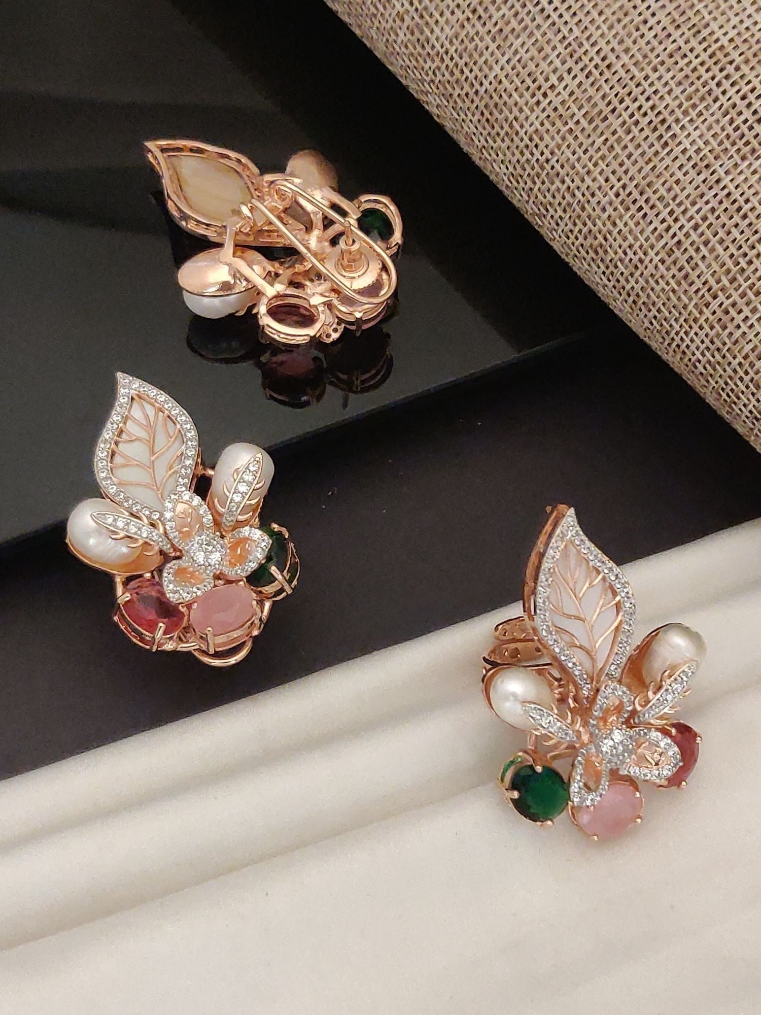 Abdesignsjewellery rose gold floral earrings with pearls green and pink stones Floral DesignEarring & Ring Combo