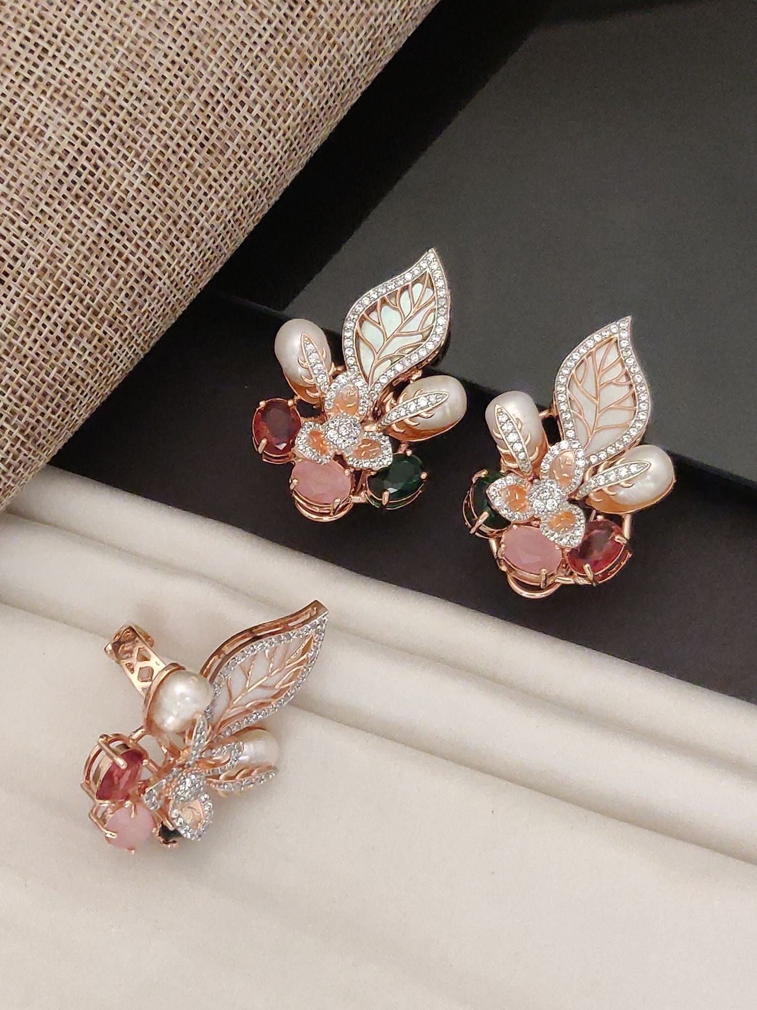 Abdesignsjewellery Floral DesignEarring & Ring Combo gold leaf and pearl cluster with pink and green stones