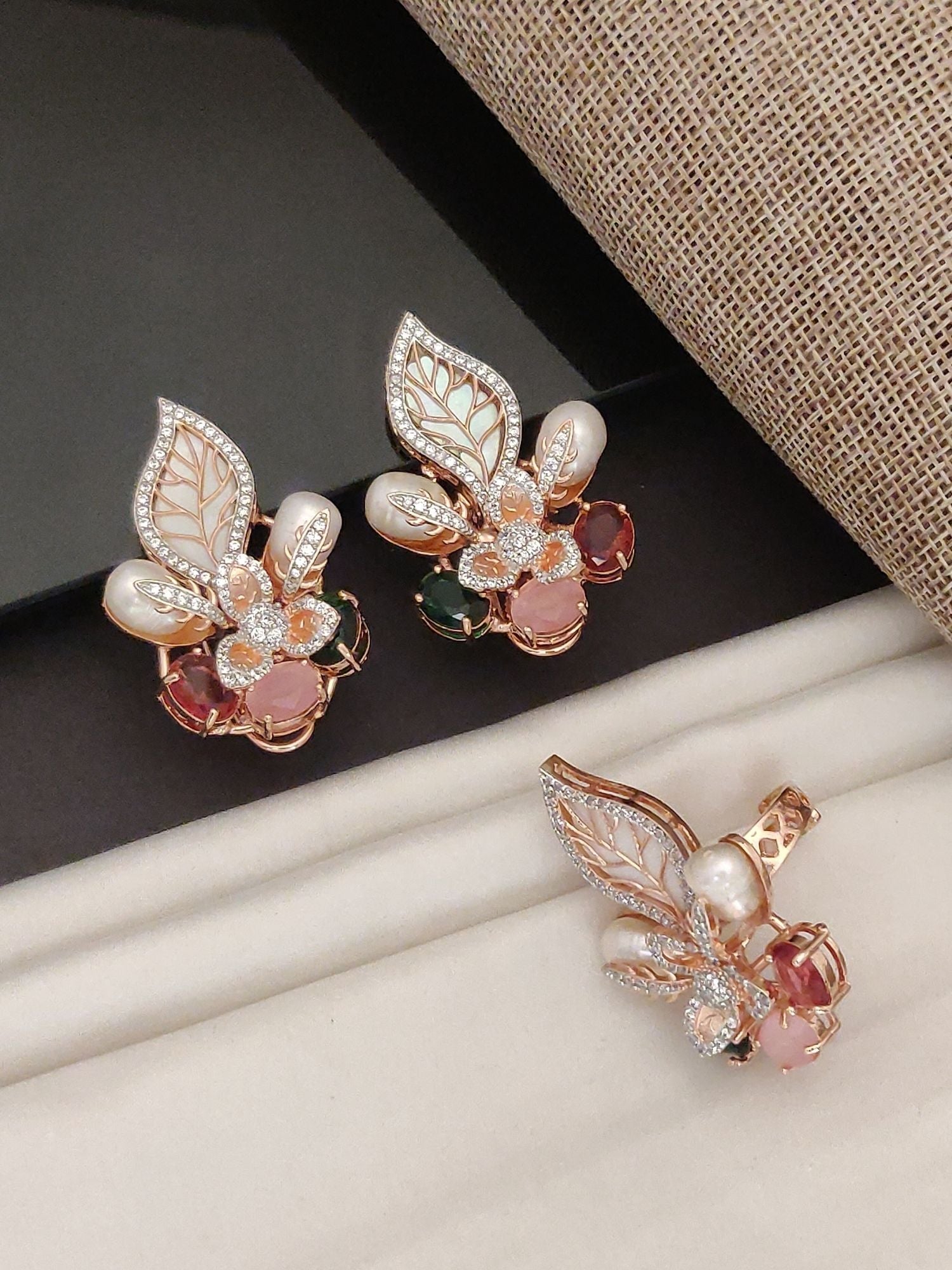 Floral DesignEarring & Ring Combo rose gold floral earrings and ring with pearls pink green stones and leaf motifs