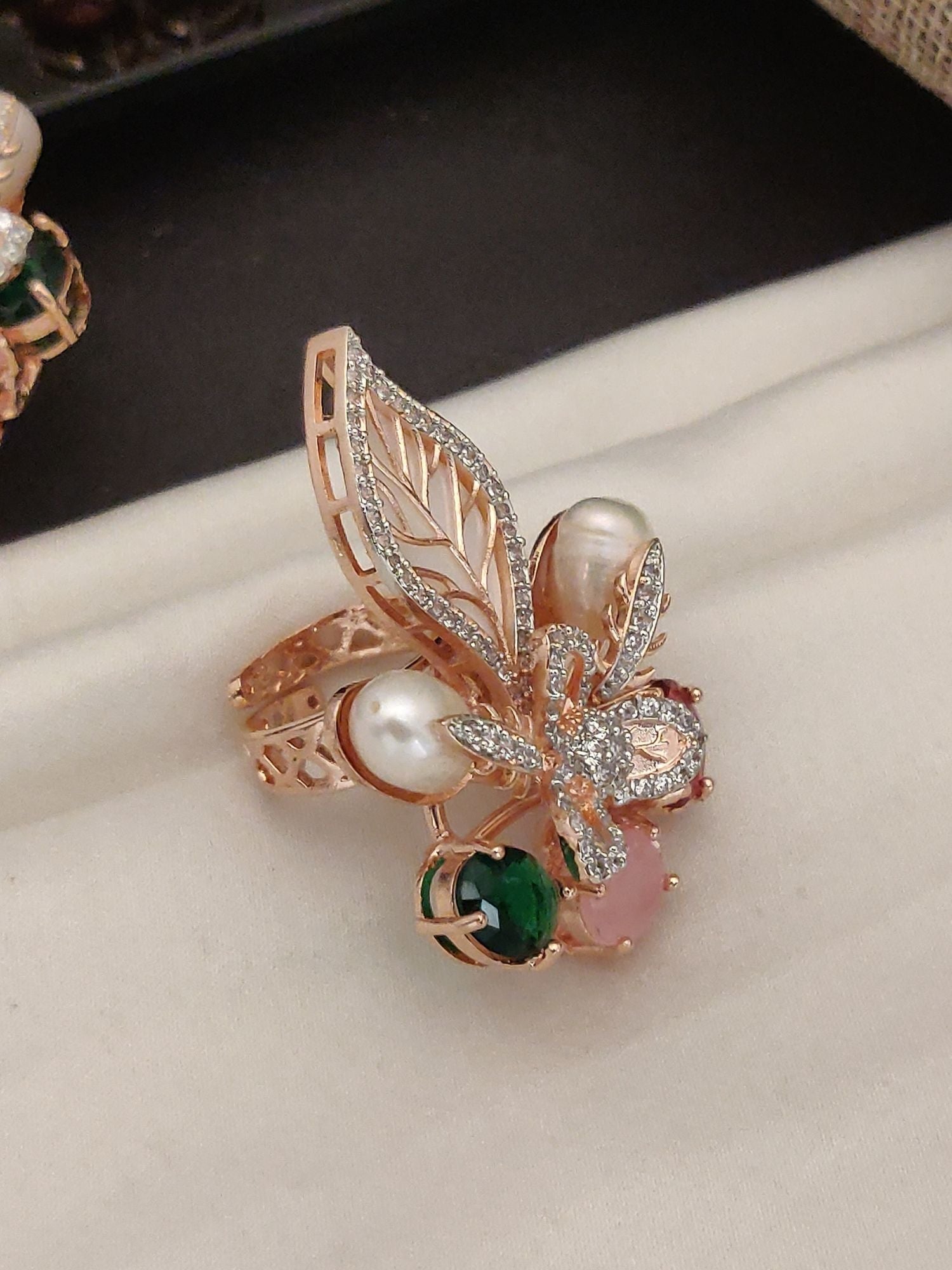 Abdesignsjewellery rose gold Floral DesignEarring & Ring Combo with pearls green and pink gemstones and leaf crystal accents