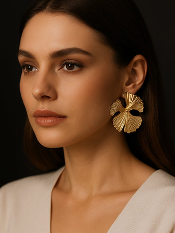 Floral Gold Plated Western Studs Earring worn by model from Abdesignsjewellery large gold floral stud on ear