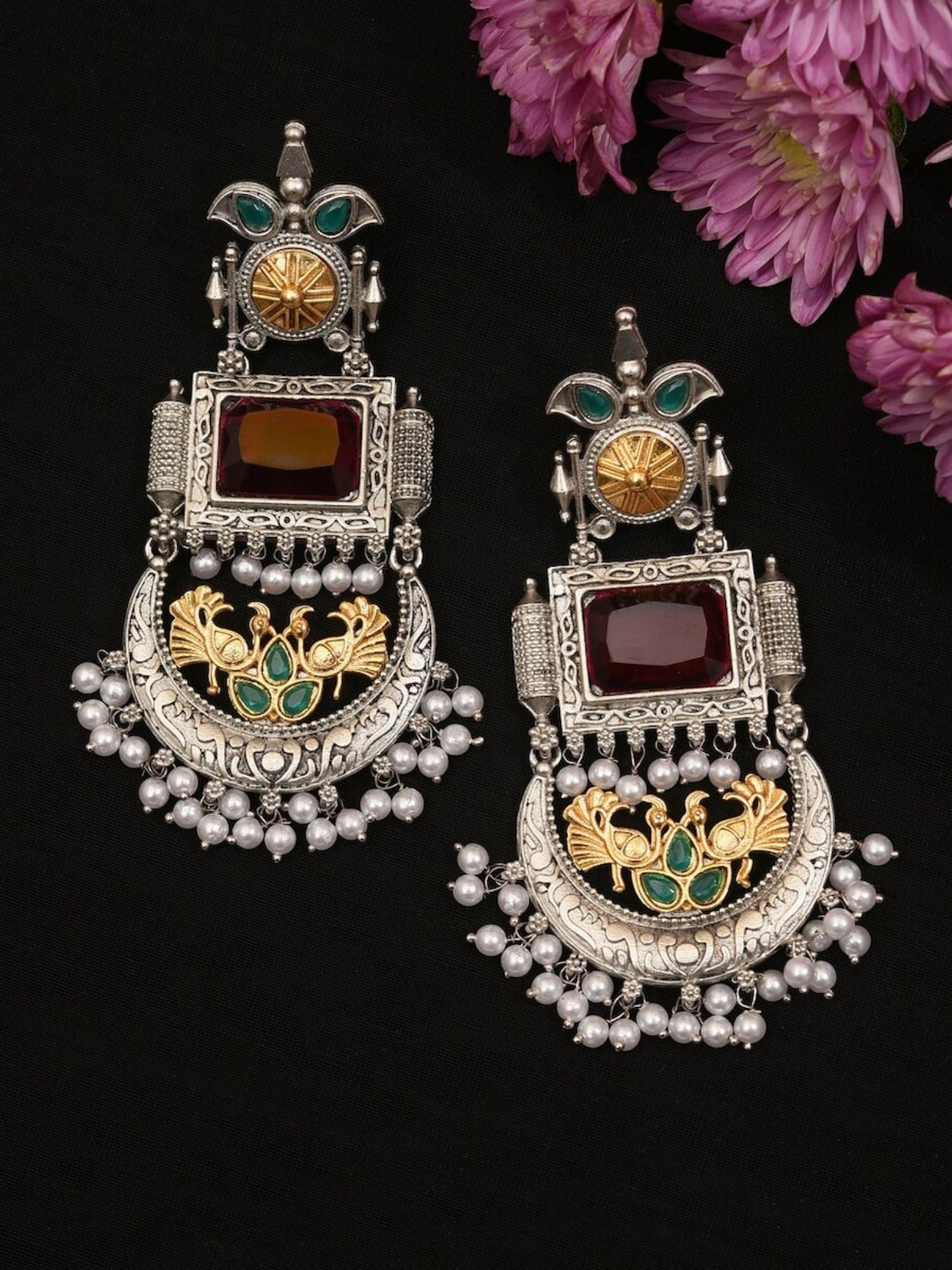 Abdesignsjewellery German Silver Dual Tone Peacock Earrings with intricate design and pearl detailing