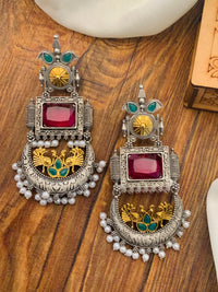 Thumbnail for Abdesignsjewellery German Silver Dual Tone Peacock Earrings with green and red stones and pearl accents
