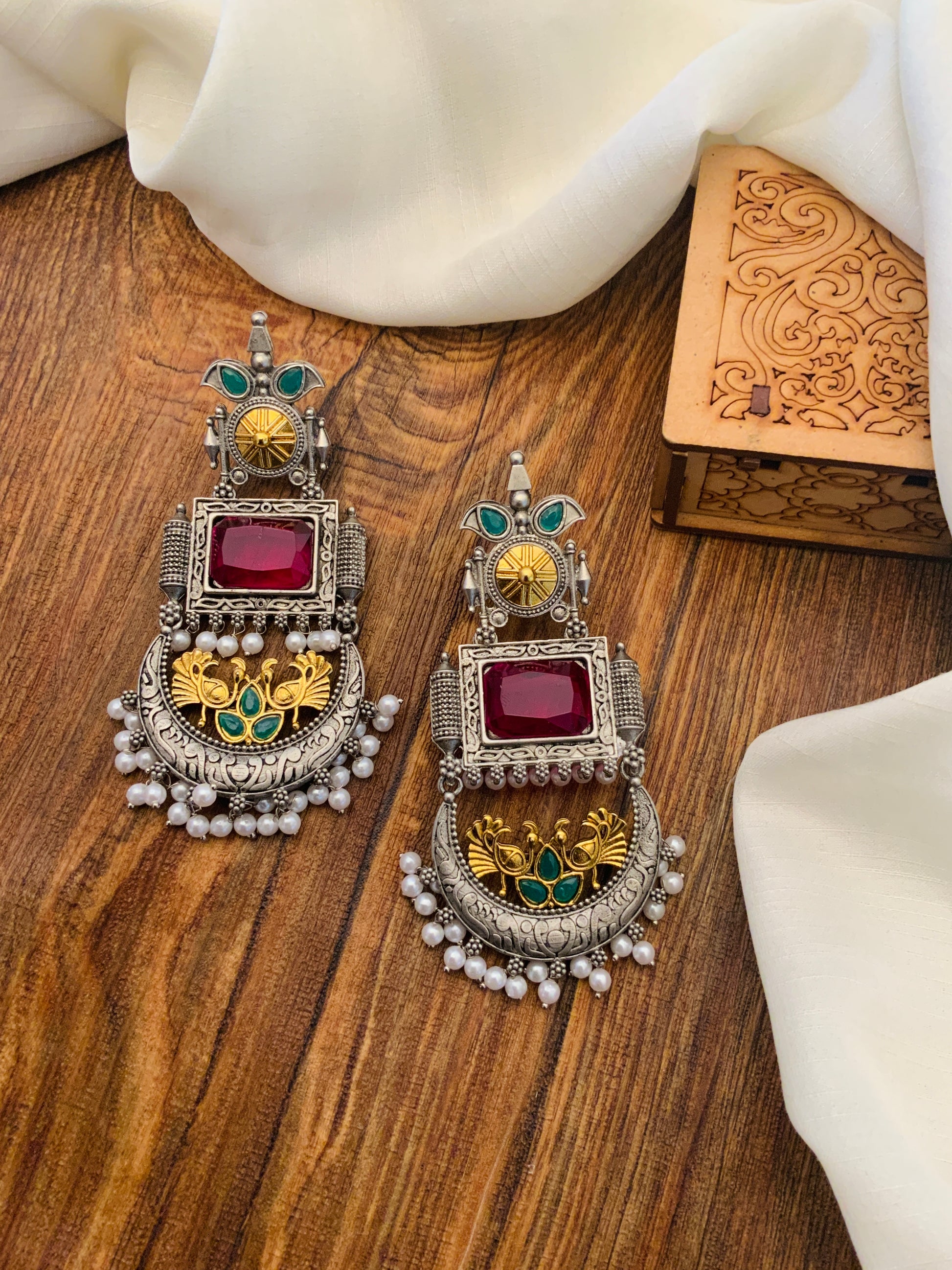 Abdesignsjewellery German Silver Dual Tone Peacock Earrings with green and gold accents and pearl detailing