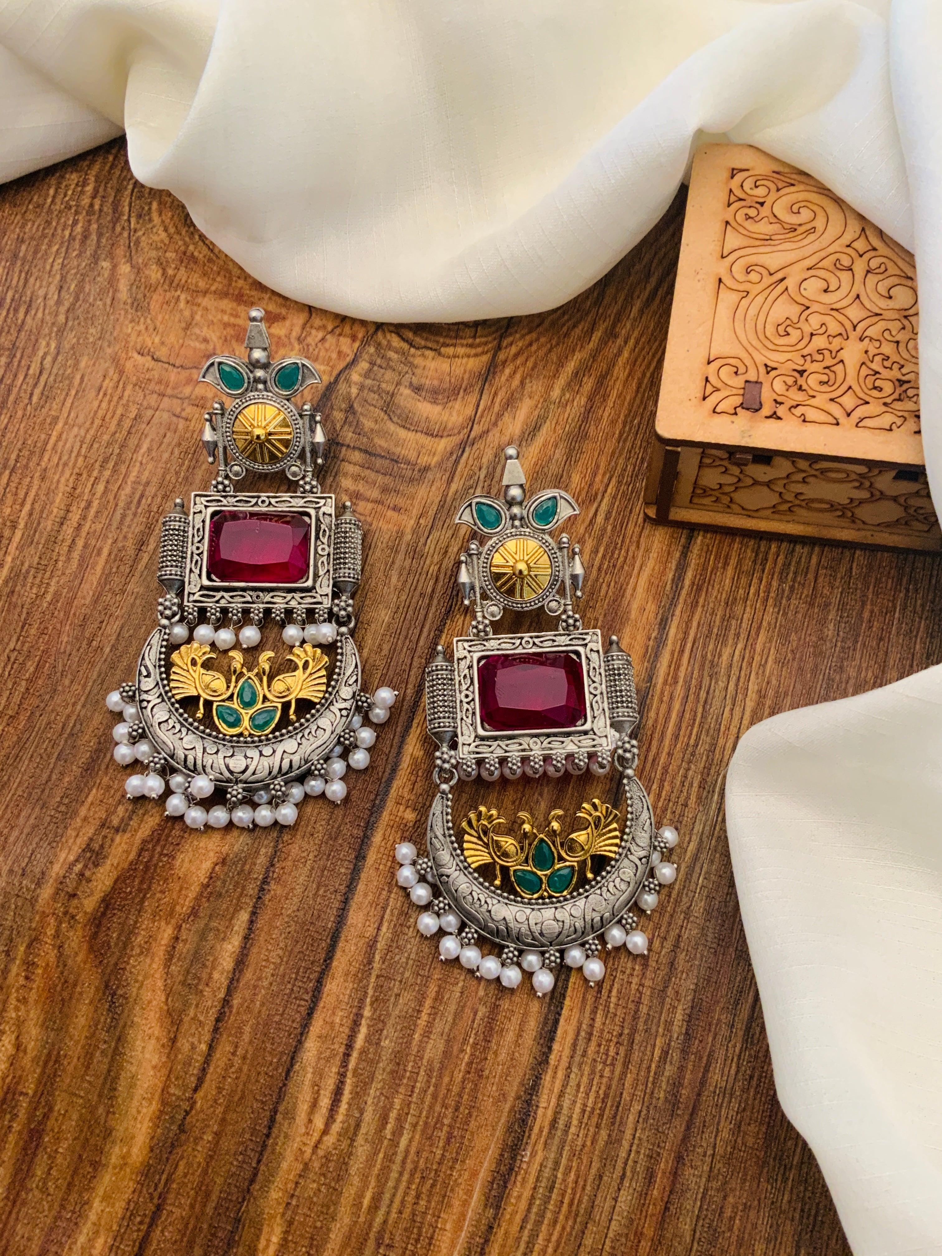 Abdesignsjewellery German Silver Dual Tone Peacock Earrings with green and gold accents and pearl detailing