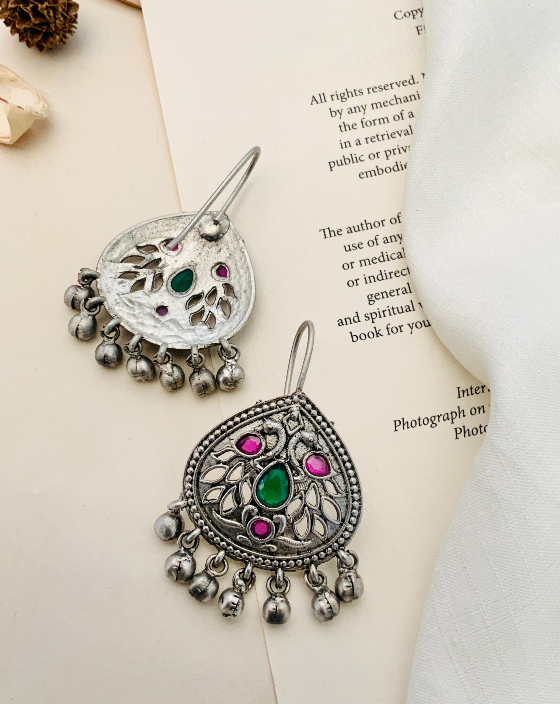 Abdesignsjewellery German Silver Earring pair with intricate floral design and colorful stones
