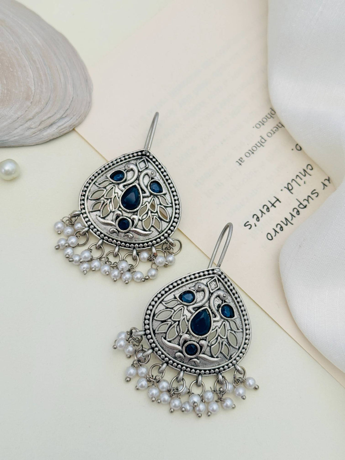 Abdesignsjewellery German silver earring with blue stones and pearl drops elegant design