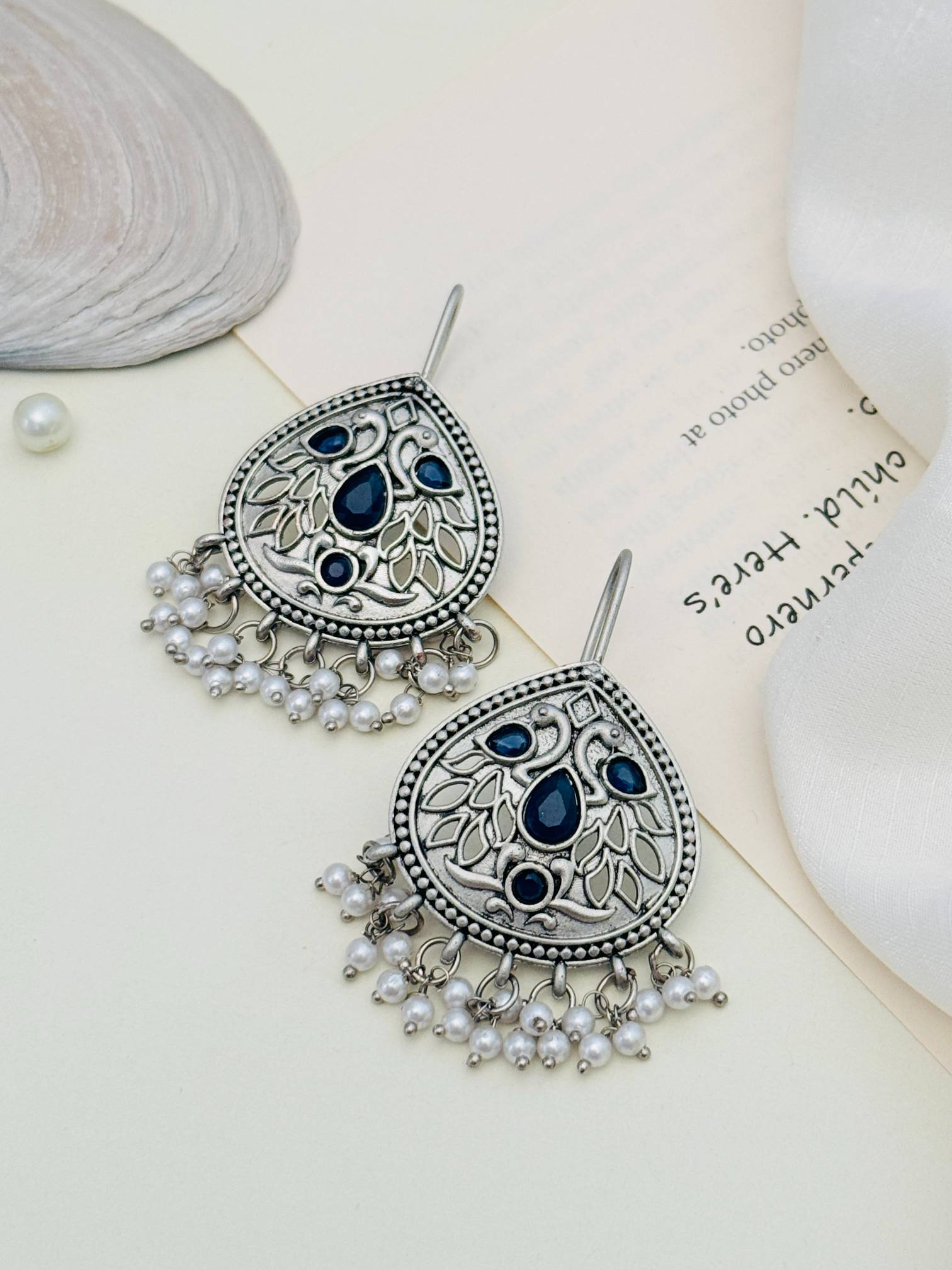 Abdesignsjewellery German Silver Earring with intricate blue stone and pearl bead detailing