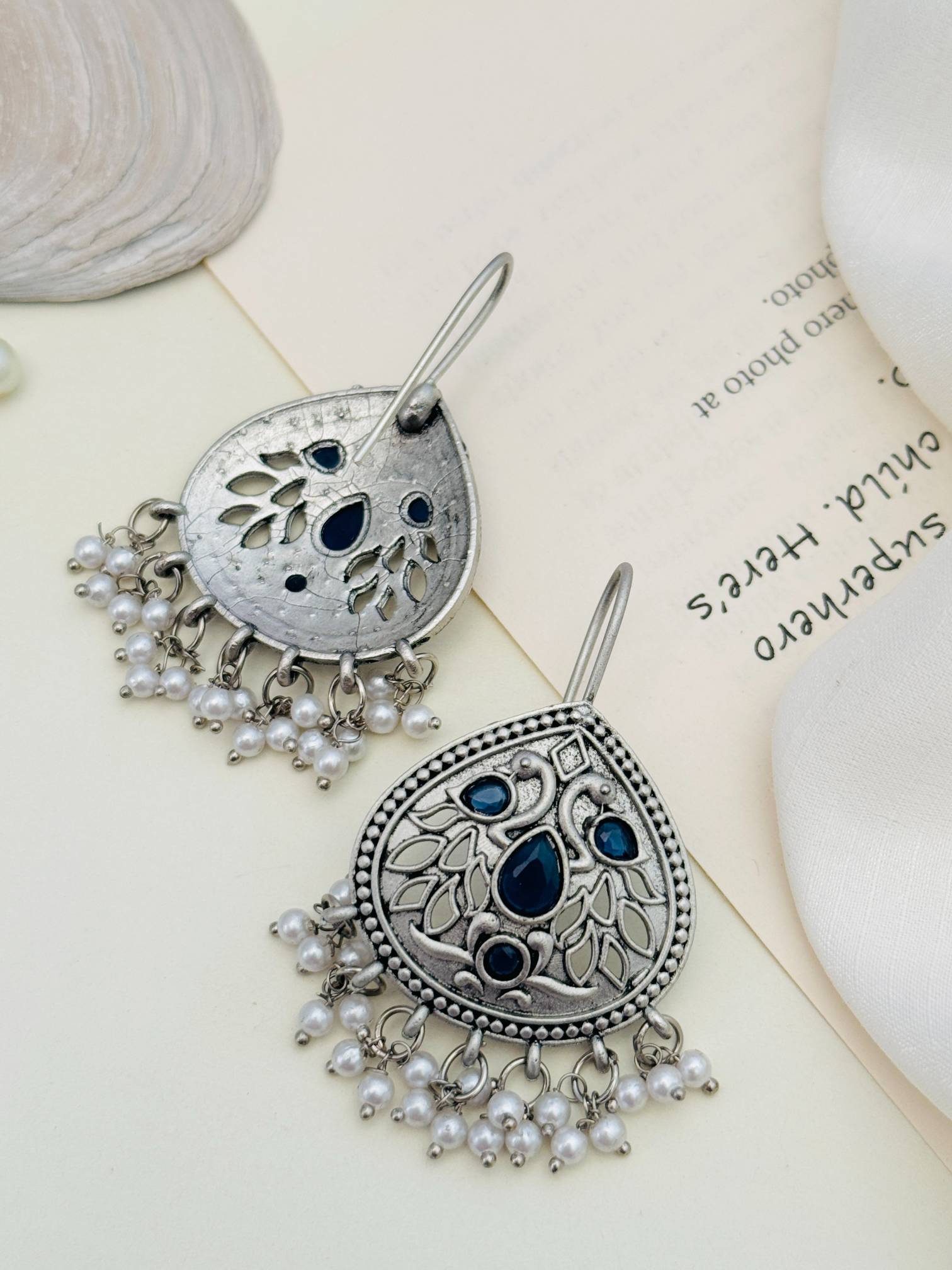 Abdesignsjewellery German Silver Earring with intricate cutout design and dangling pearl accents