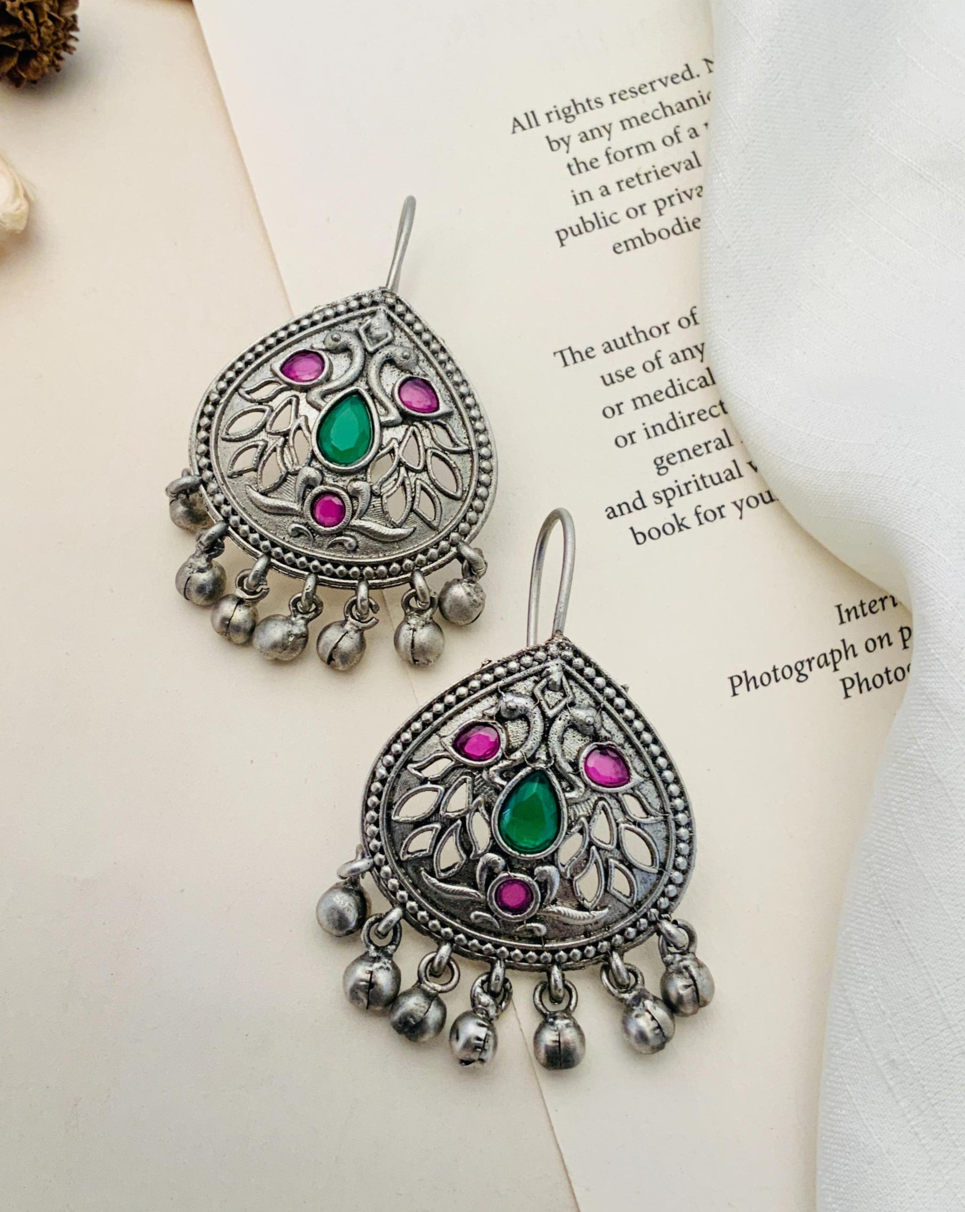 Abdesignsjewellery German Silver Earring with green and pink stones and intricate leaf design