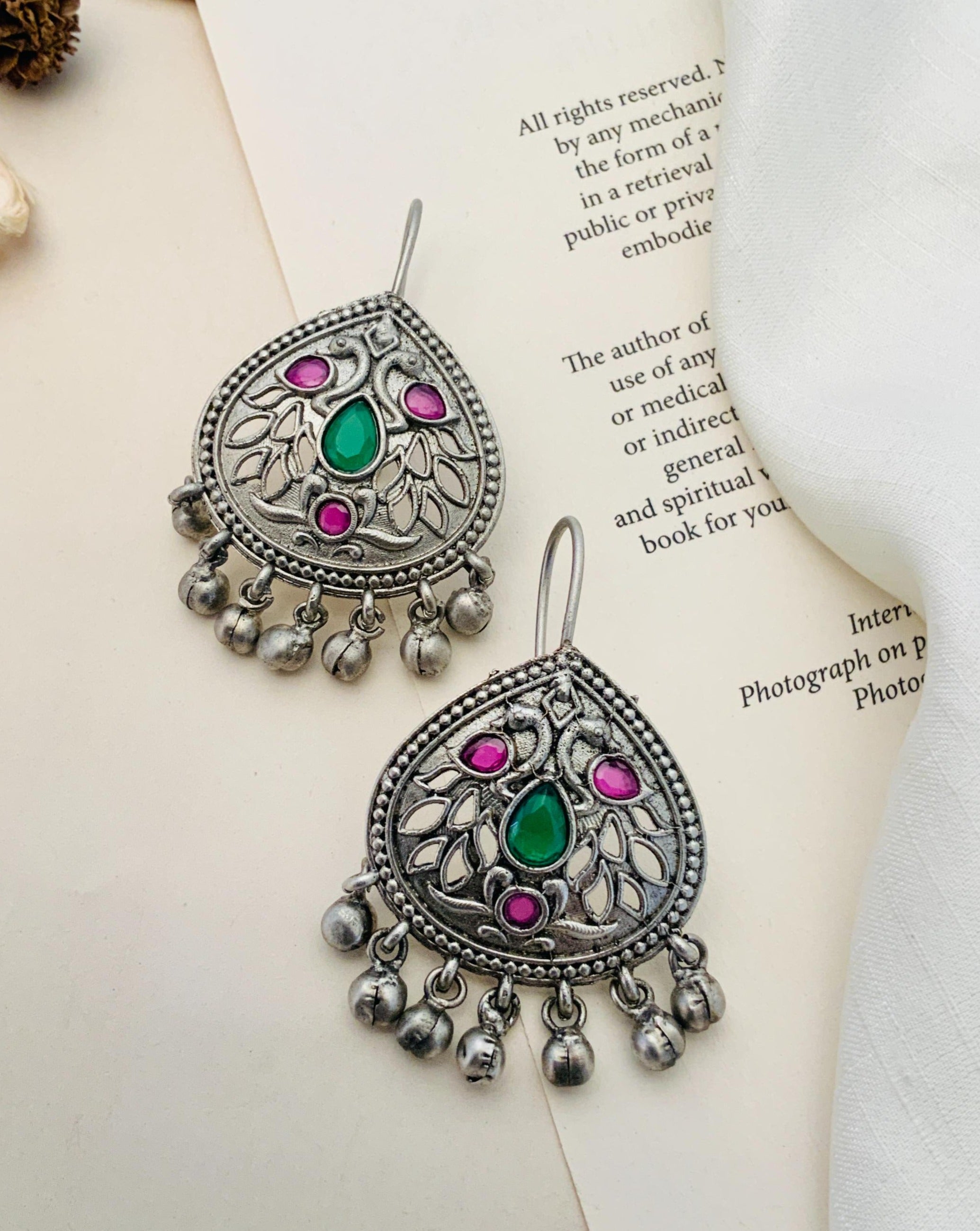 Abdesignsjewellery German Silver Earring with green and pink stones and intricate leaf design