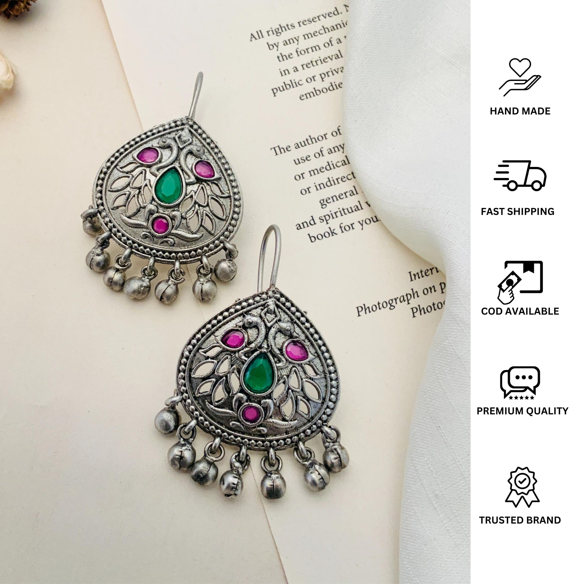 Handmade German Silver Earring with green and pink stones and intricate leaf design by Abdesignsjewellery