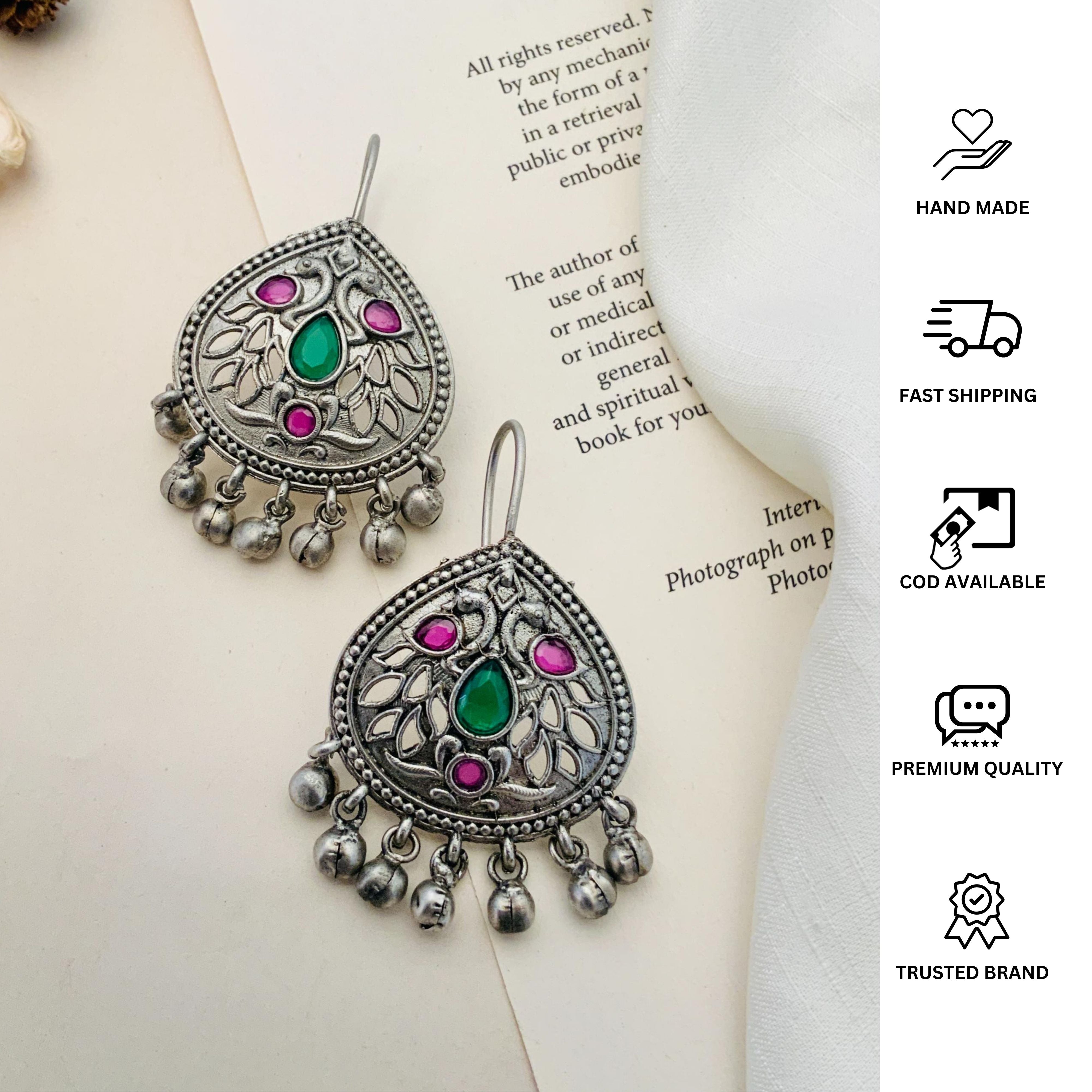 Handmade German Silver Earring with green and pink stones and intricate leaf design by Abdesignsjewellery