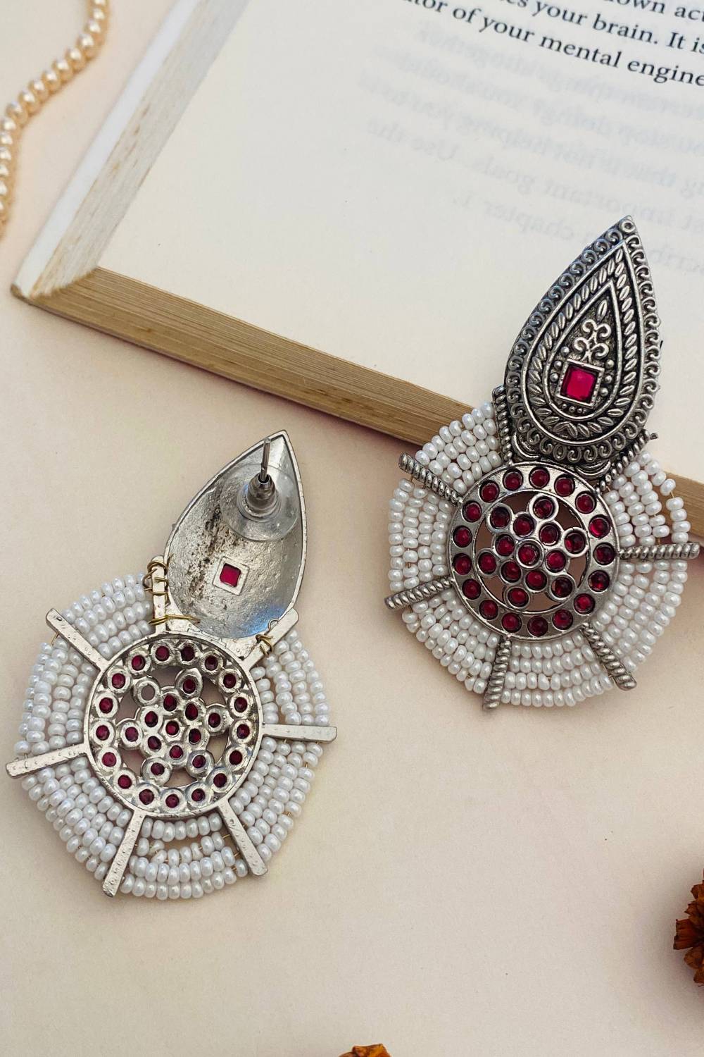 Abdesignsjewellery German Silver Pearl Earring with intricate red and white beadwork design