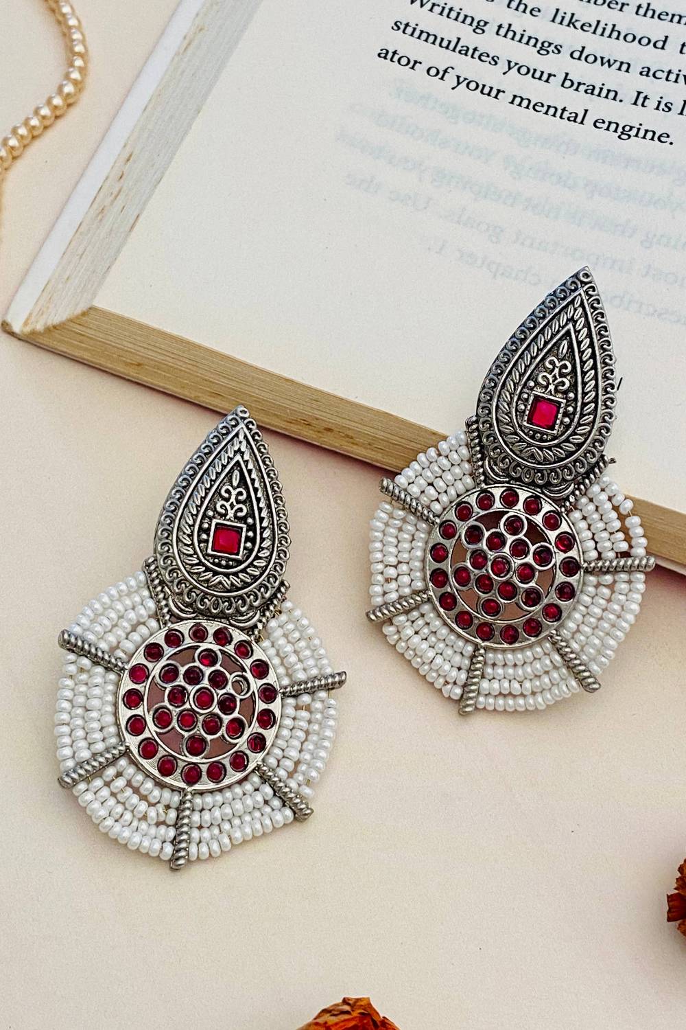 Abdesignsjewellery German Silver Pearl Earring with intricate red stone and white pearl design